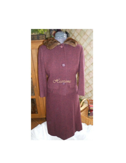 Vintage 60s womens dress suit Davidow designer fur collar wool tweed skirt jacke