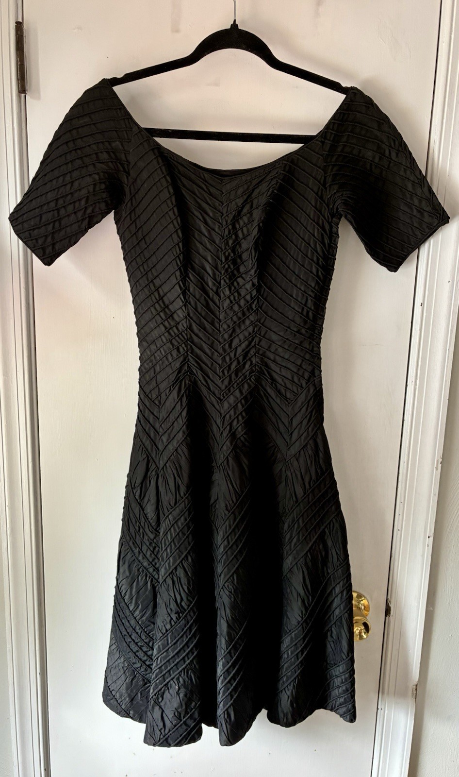 Ceil Chapman Couture Small Black Pleated Dress Full Skirt Bateau Neck 1940s 1950
