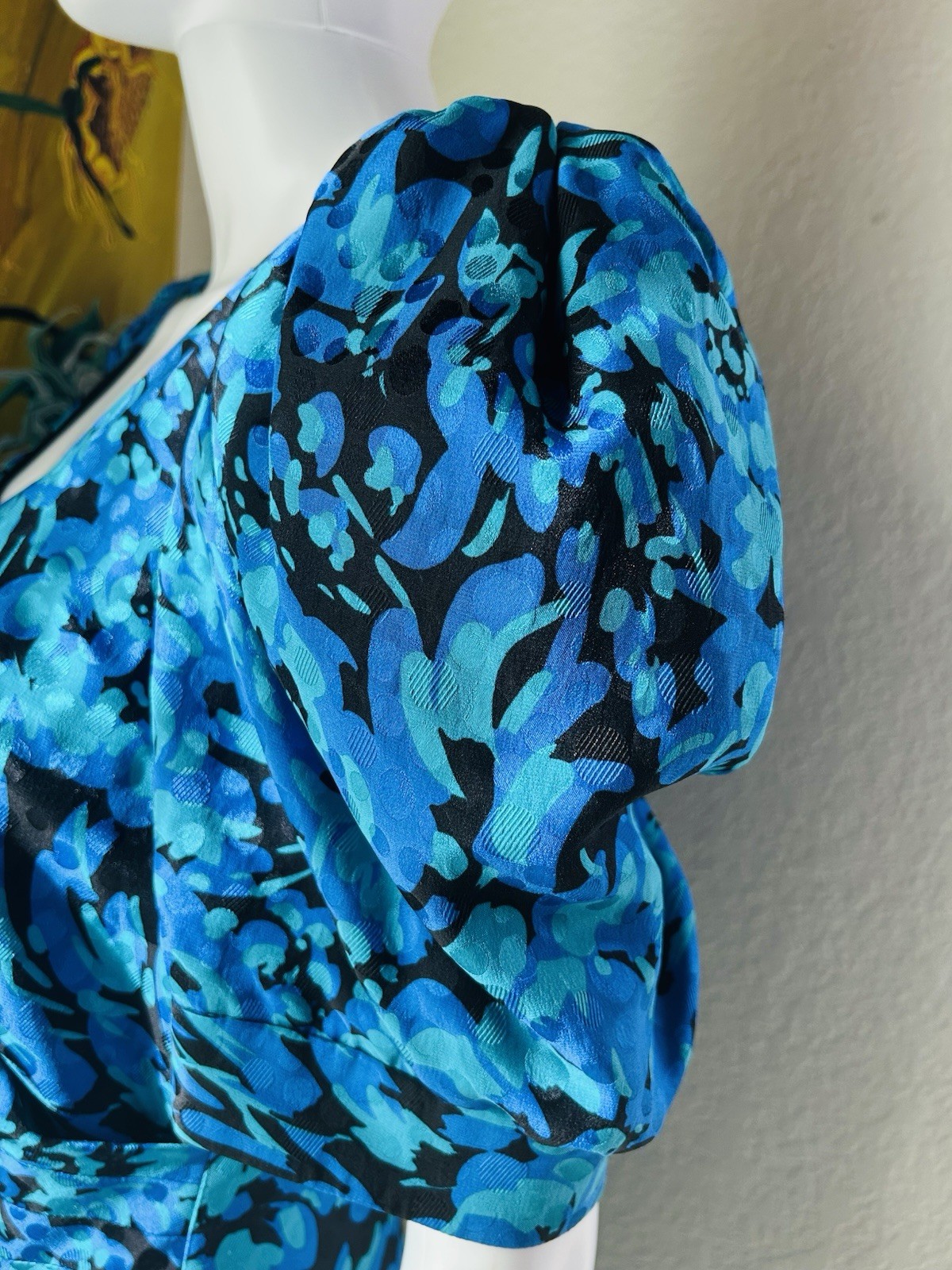 A.J. Bari Blue Floral Print Tiered Dress Bow 80s Vtg Sz 12 See Measurements