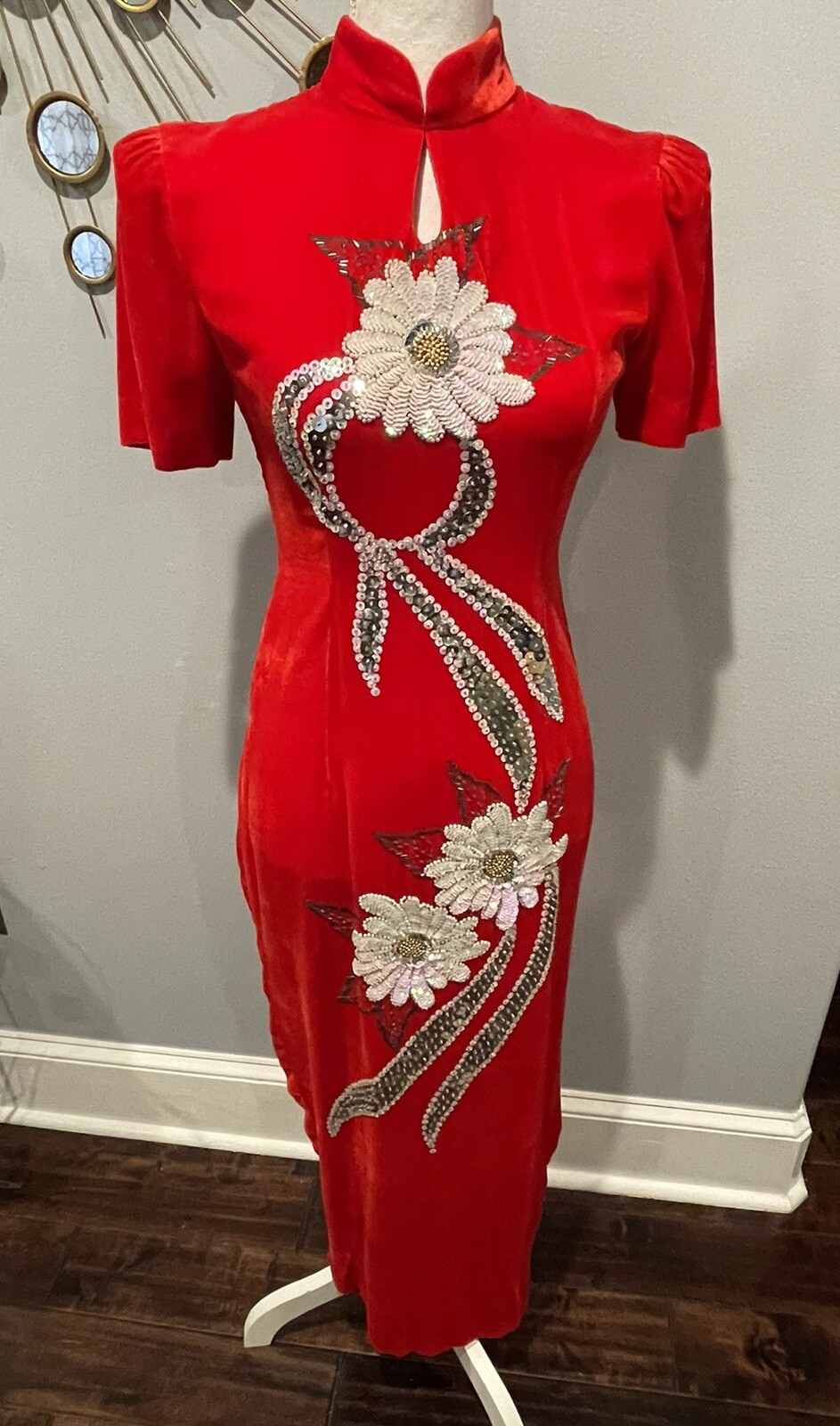 Vintage Red Velvet Cheongsam With Sequin Flowers XS