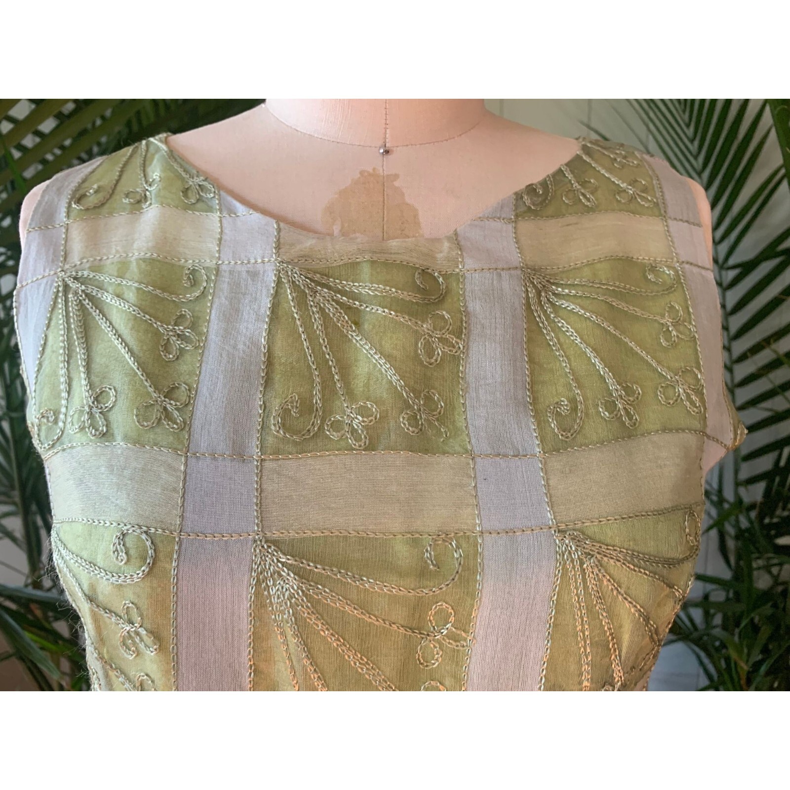 Vintage 1960s Chartreuse Green Silk Sheer Embroidered Organza Sheath Dress