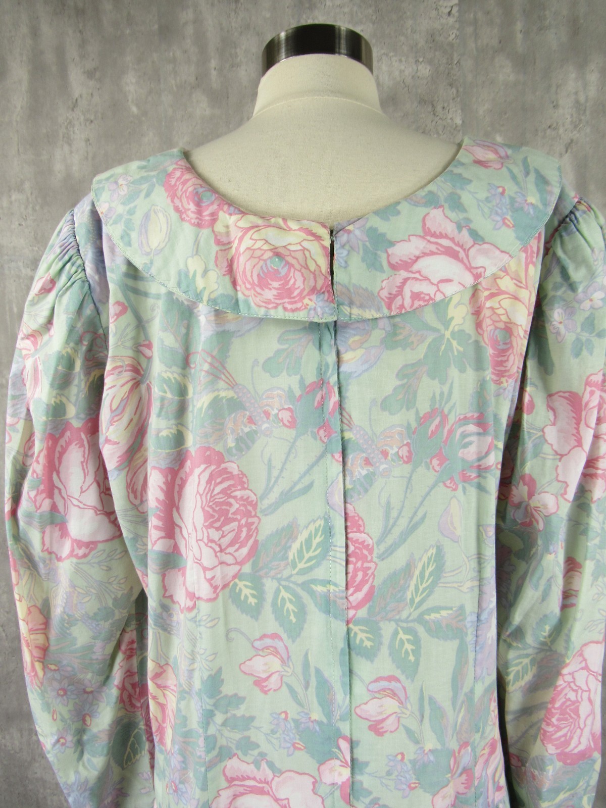 Vintage 80s Floral Drop Waist Light Green Tea Garden Midi Dress Cotton XL 2XL