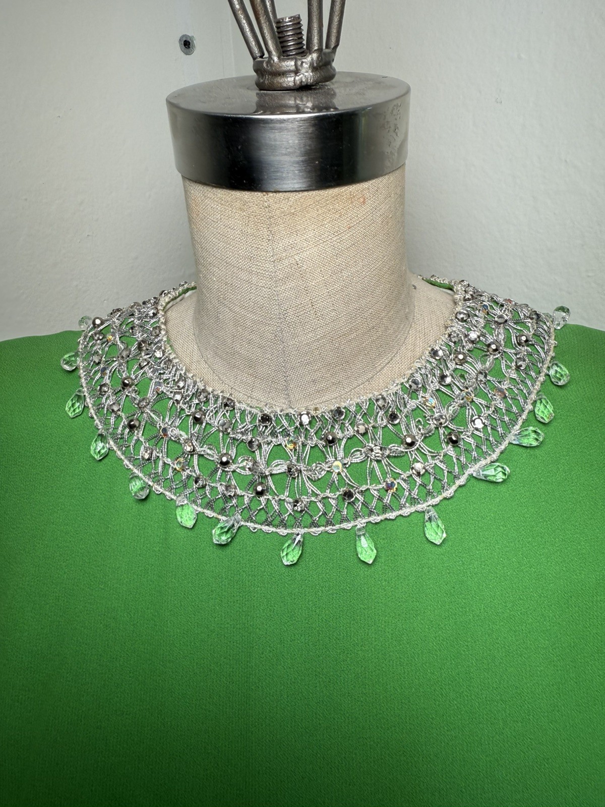 Vintage 1960s Cape Back Mod Shift Dress Rhinestone Collar ILGWU Union Made Green