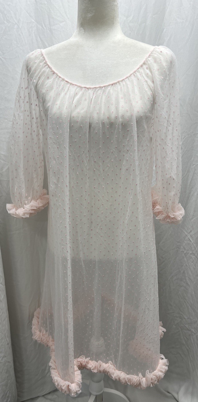 Vintage 50s Sears Charmode Lingerie Sheer Negligee Pink Dot Chiffon Size Small