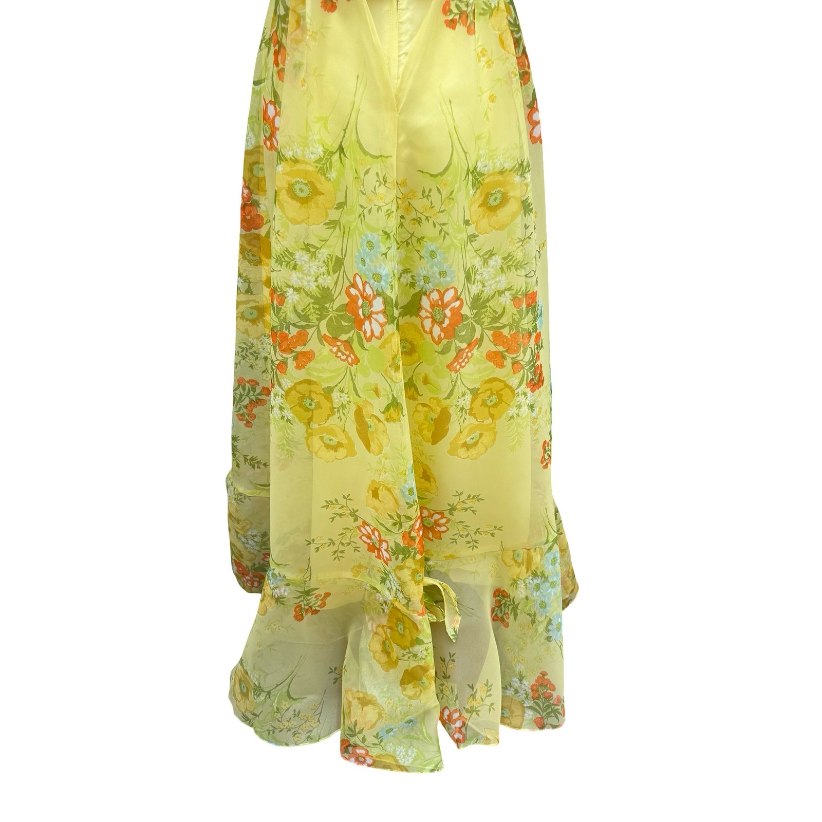 Vintage 70s Butter Yellow Floral Cottagecore Chiffon Ruffle Tiered Maxi Dress XS