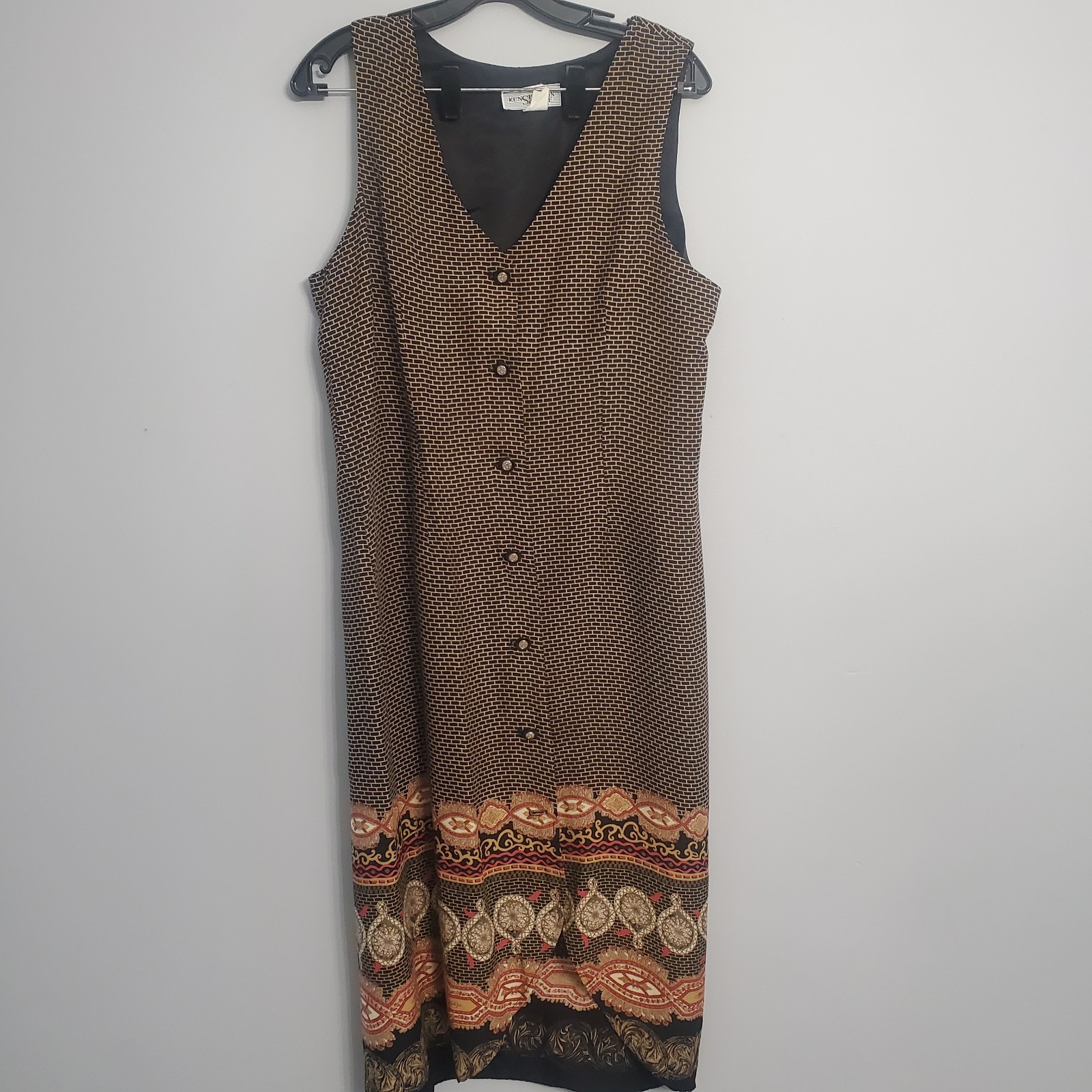 Kensington Square Rare Vintage 80s 90s Black & Brown Button Down Dress USA Sz M