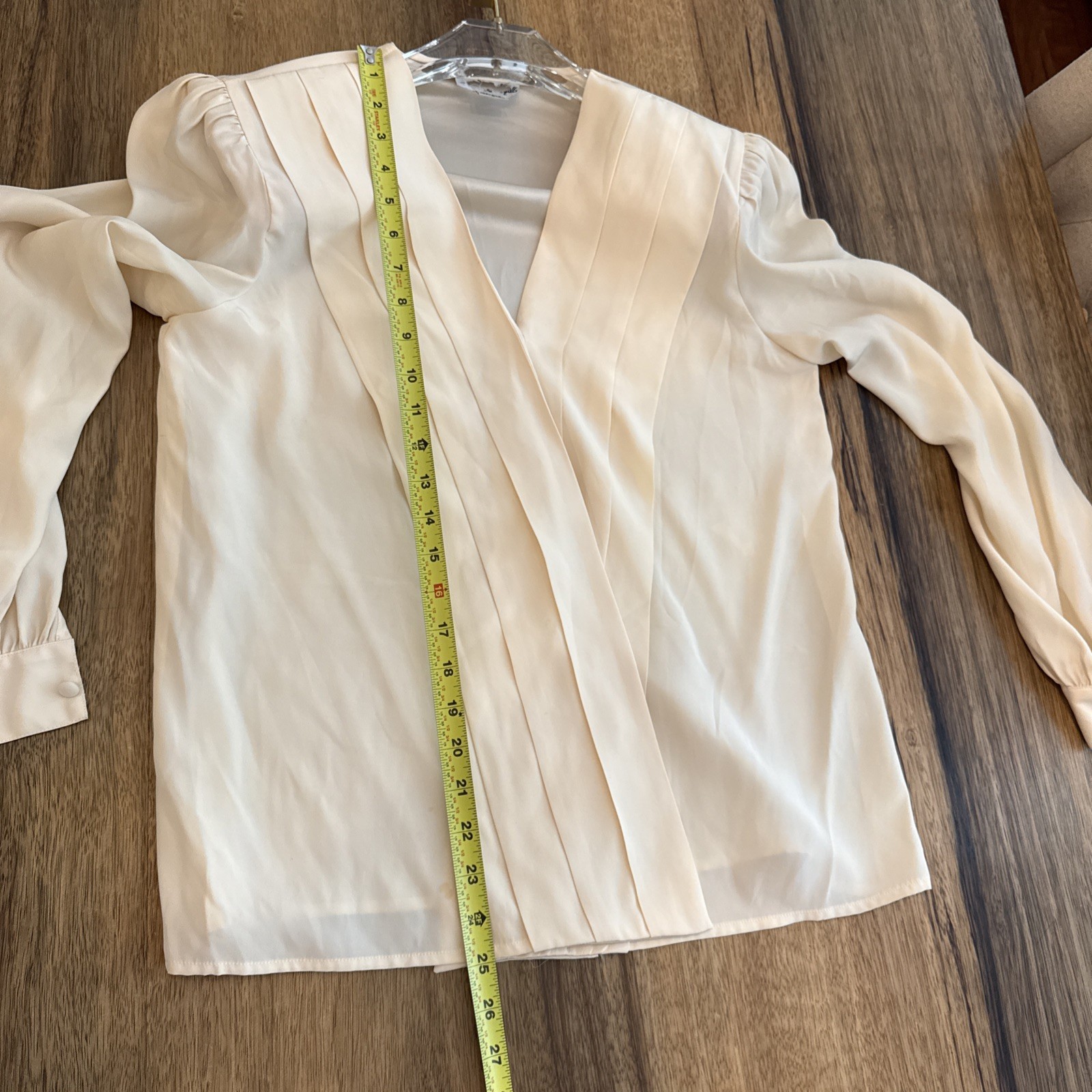 Vtg 100% Silk Blouse 8 Cream Pleats Faux Wrap Shoulder Pads Dynasty Old Money