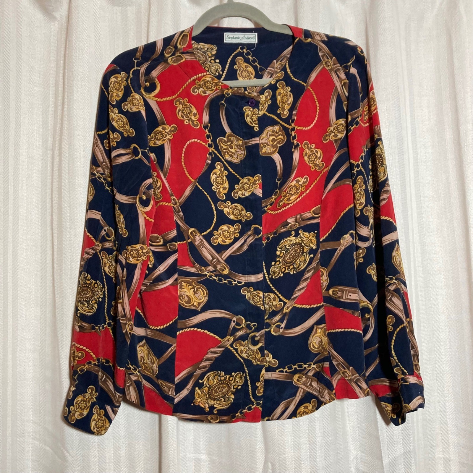 Stephanie Andrews Vintage Equestrian Scarf Print Blouse Navy Red Gold Medallion