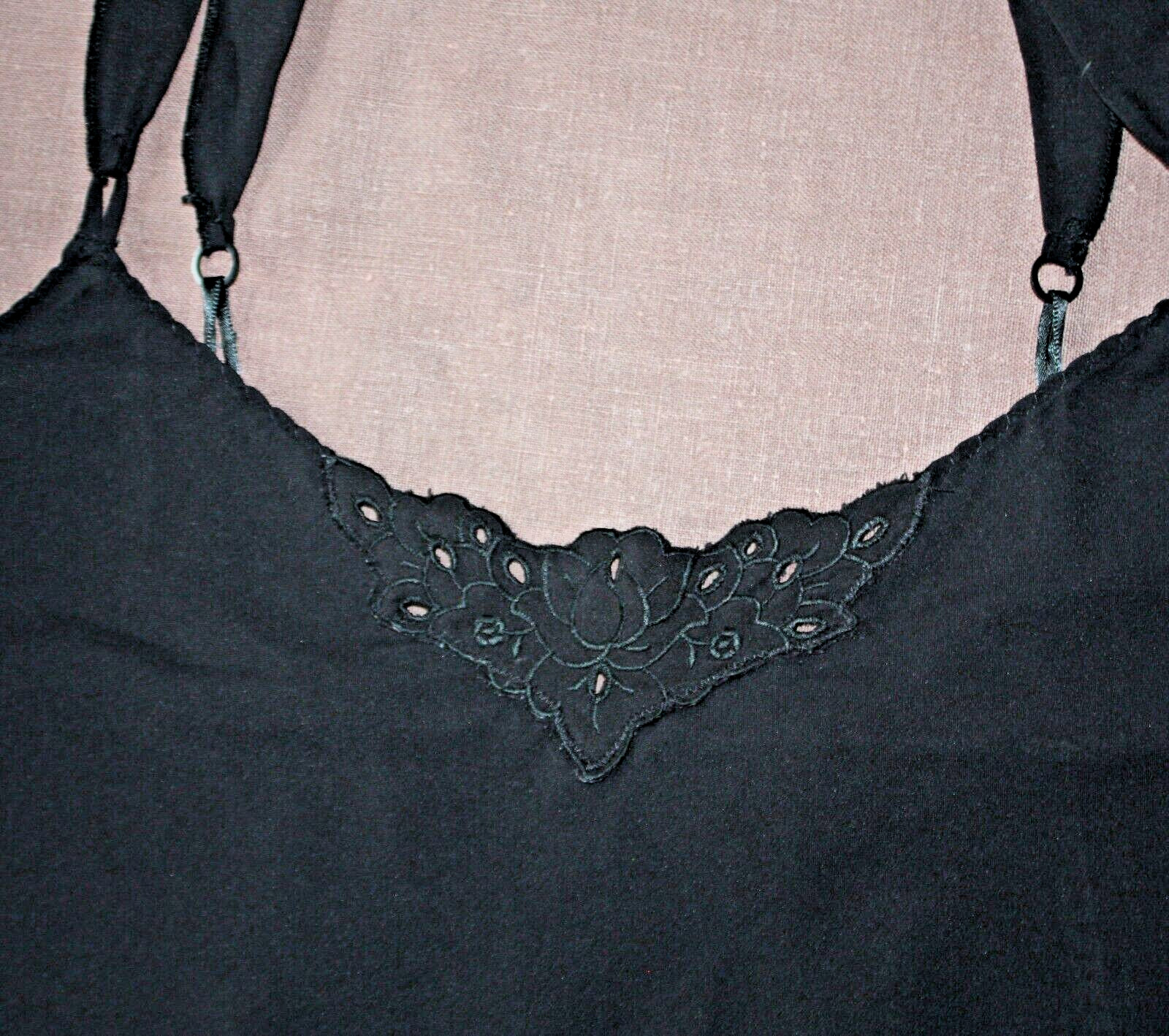 Elegant Vintage Embroidered Black Nylon Dress Slip Nightgown Lingerie Size 36