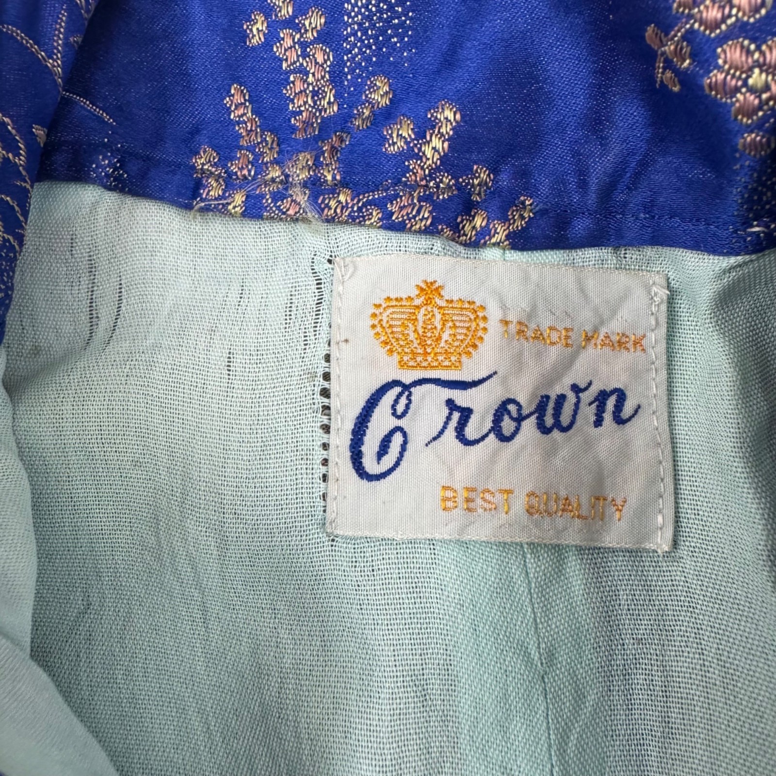 Vintage Blue & Gold Asian Brocade Cheongsam Dress With High Collar & Side Button