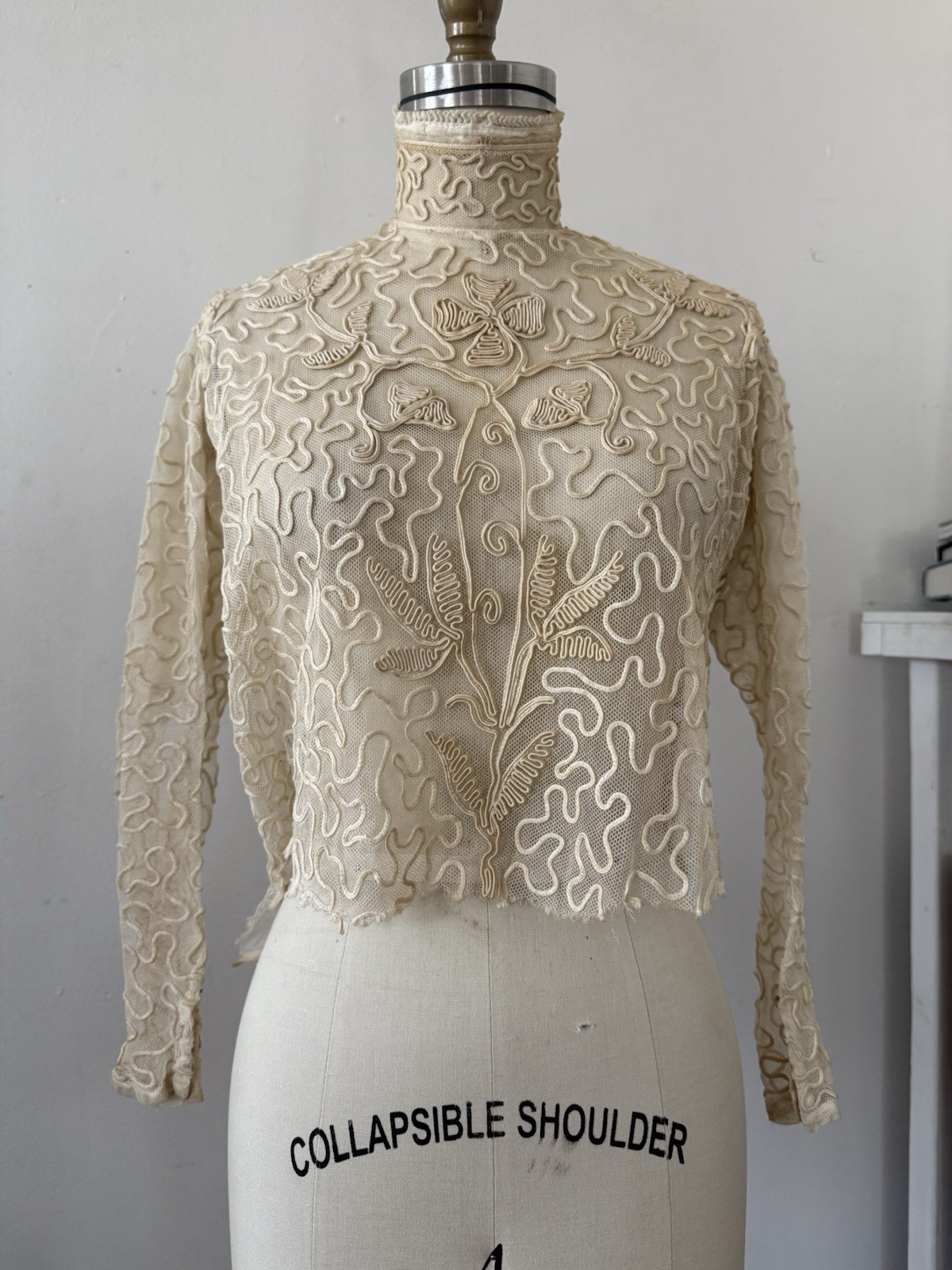 Antique Sheer Net Lace Blouse Top Cord Soutache Embroidery Art Nouveau Bridal XS