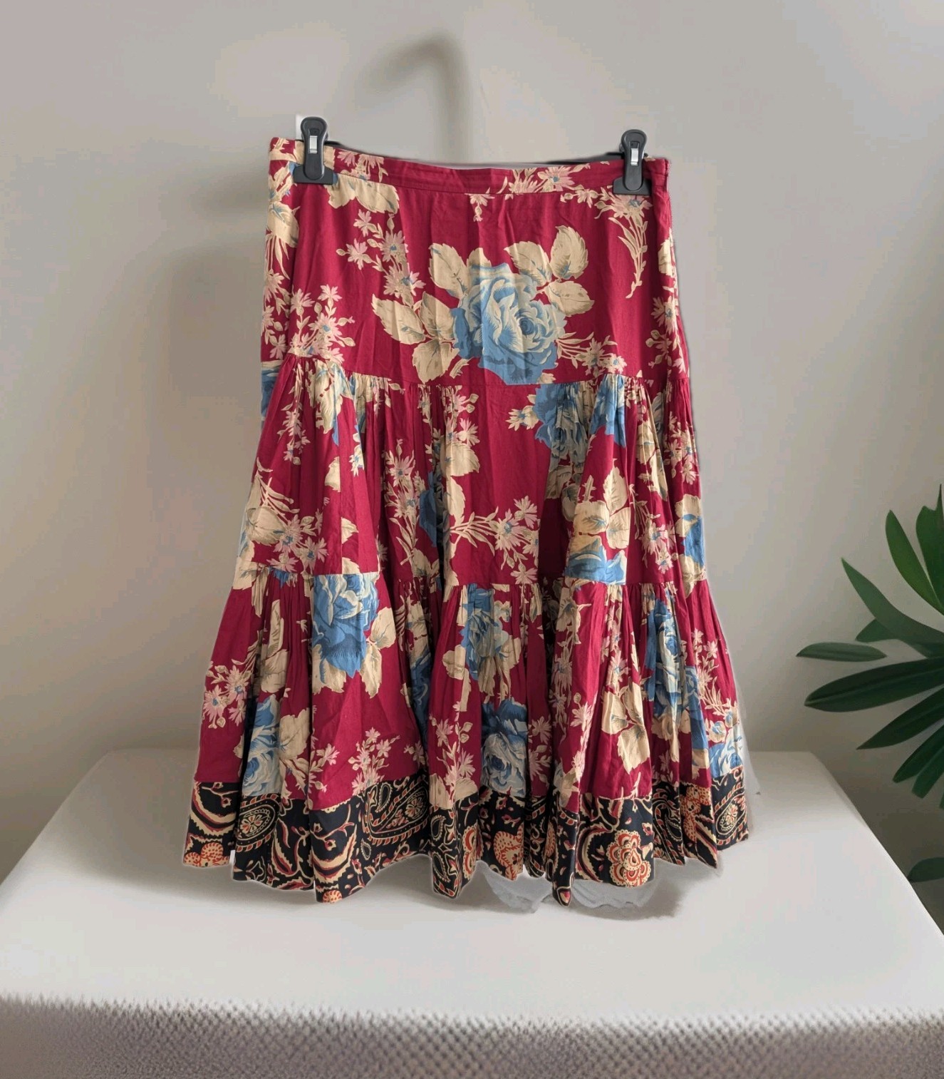 Christian Lacroix Floral Burgundy Multicolor Cotton Pleated Maxi Skirt Sz 44 XL