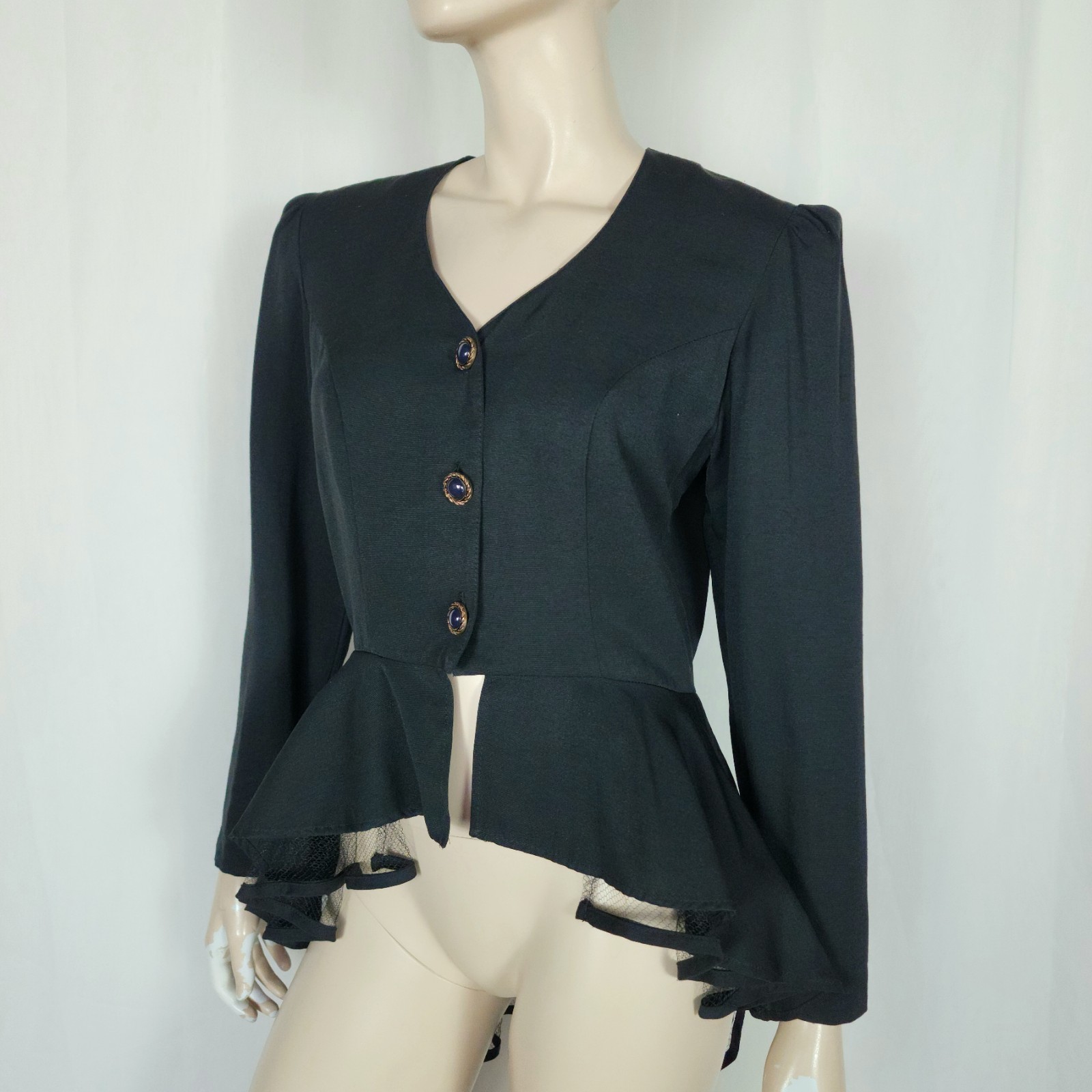 Vtg 80s flirty peplum tuxedo blazer with peekaboo crinoline black M