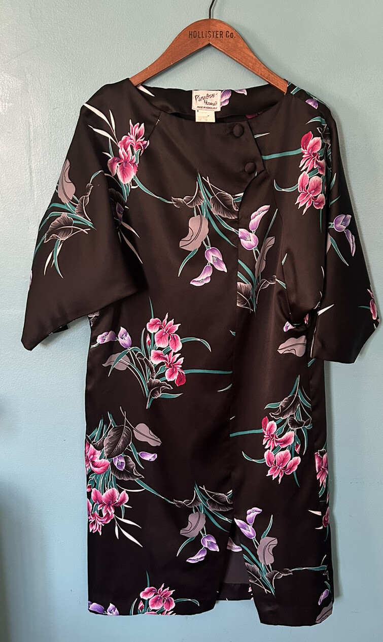 Vtg Dress Paradise Hawaii Cheongsam Hawaiian 60s Dress Black Floral Size 10