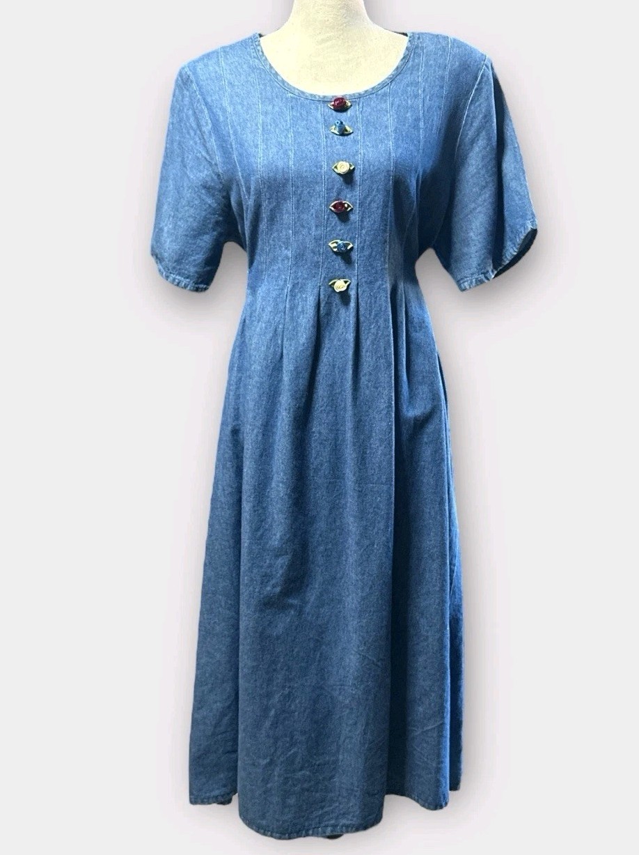 Vintage Alexandra Lee Womens Size 16 Dress Denim Embroidery School Teacher Y2K