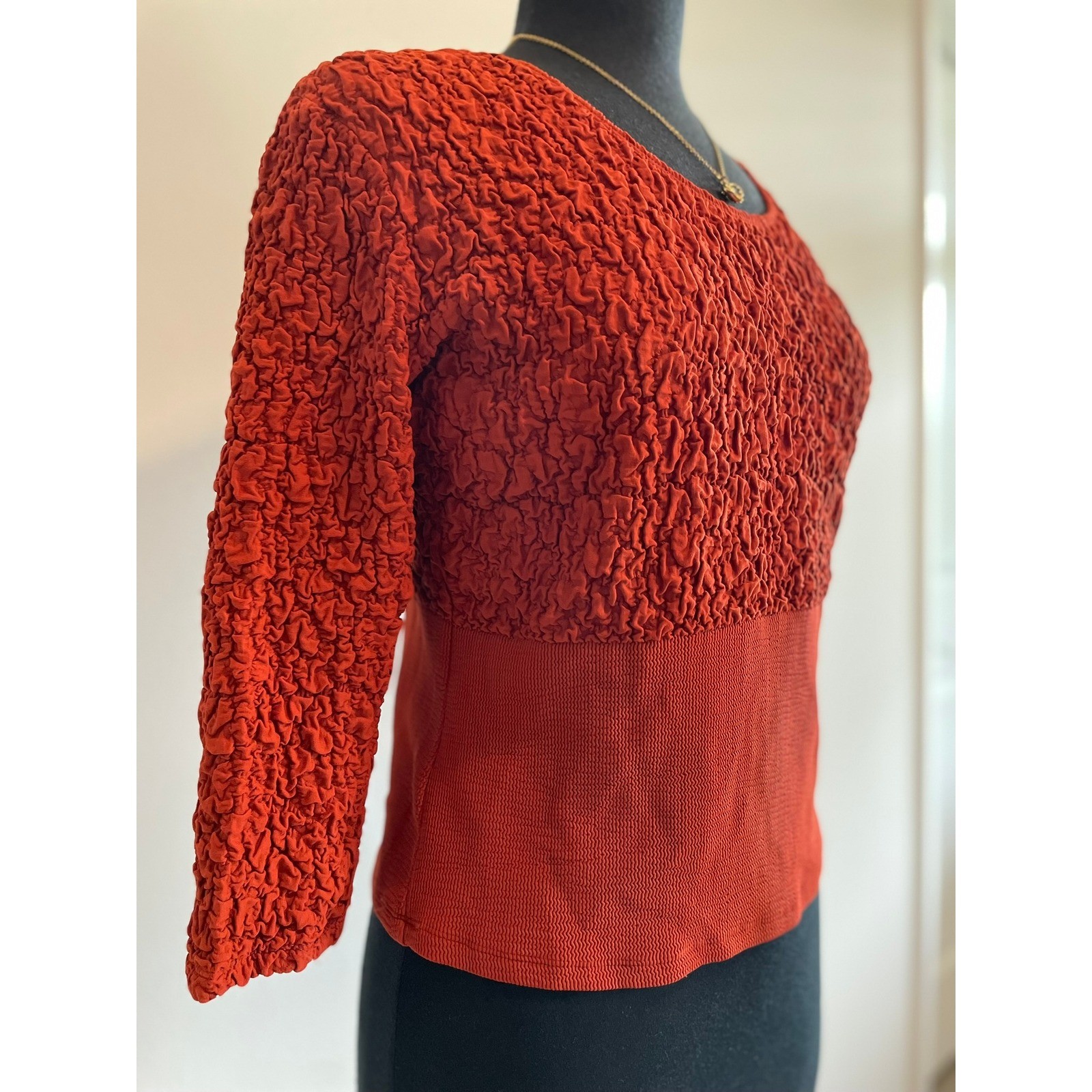 Vintage Rust Orange Textured 3/4 BOHO Sleeve Blouse Y2K Top L Made In USA