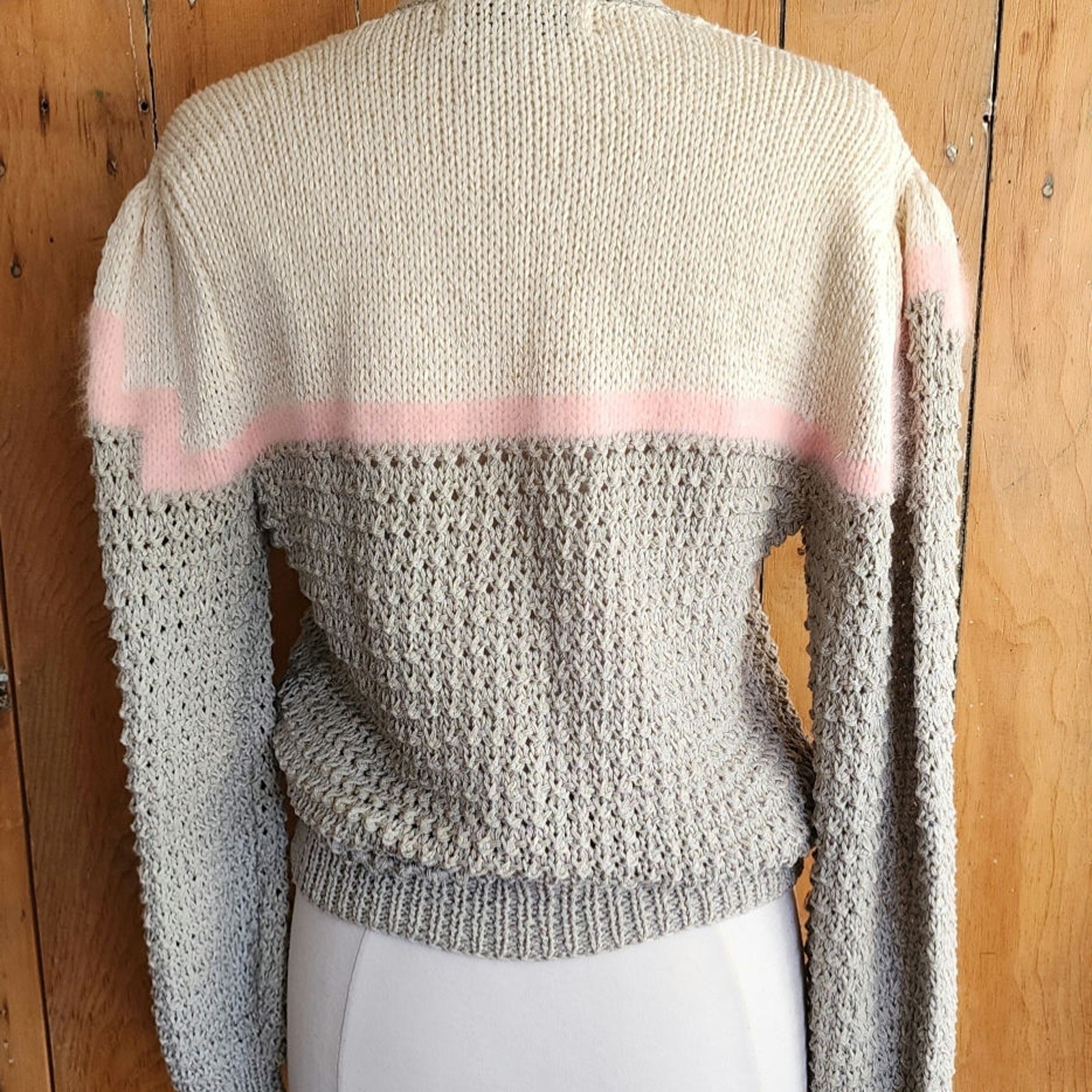 Vintage 80s Sweater Gray Pink Handknit Cardigan Acrylic Angora by Signatures
