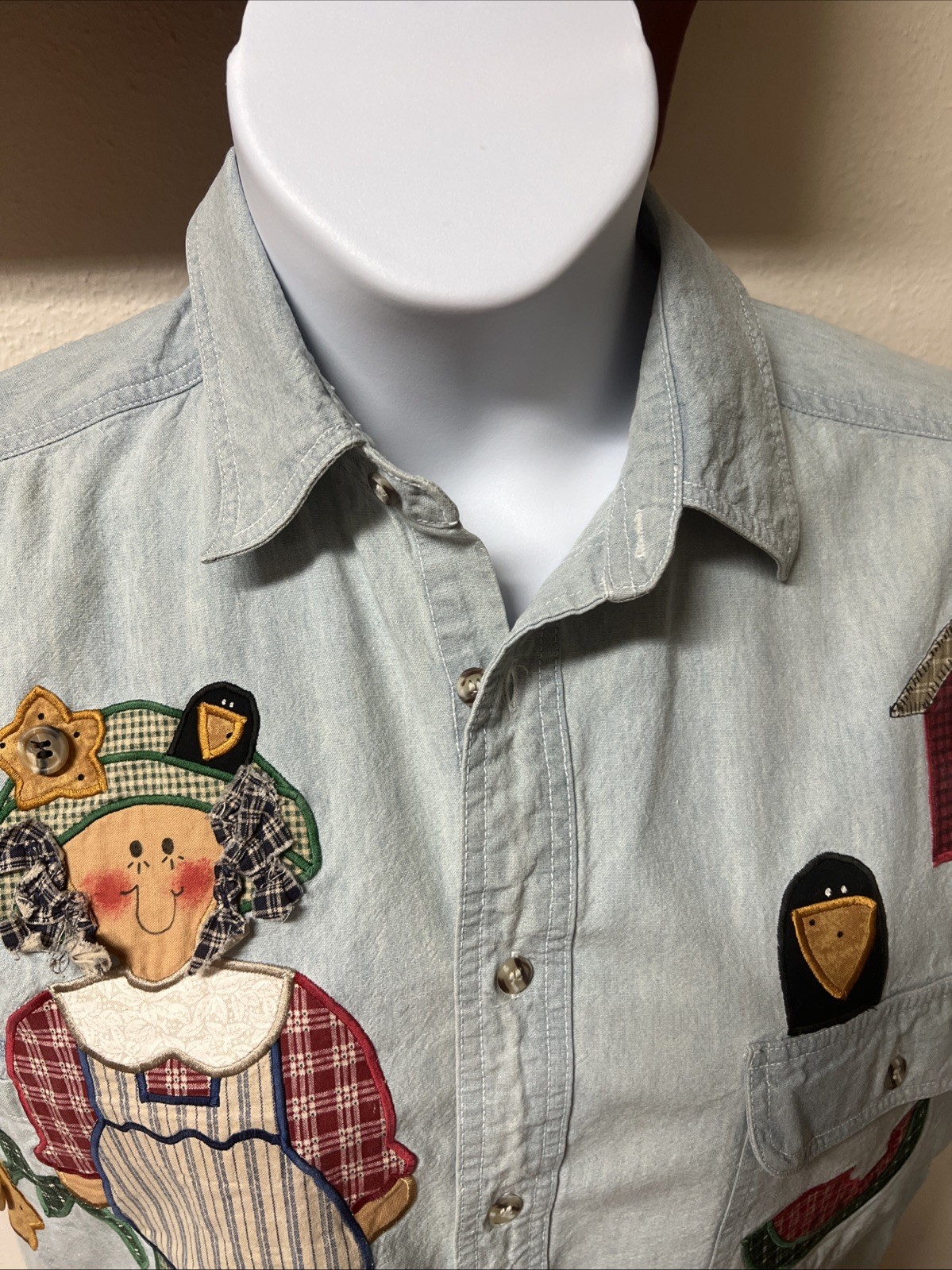 Vtg 1990 Sunbelt Sportswear Chambray Blouse Shirt Applique Gardening Boho Sz M