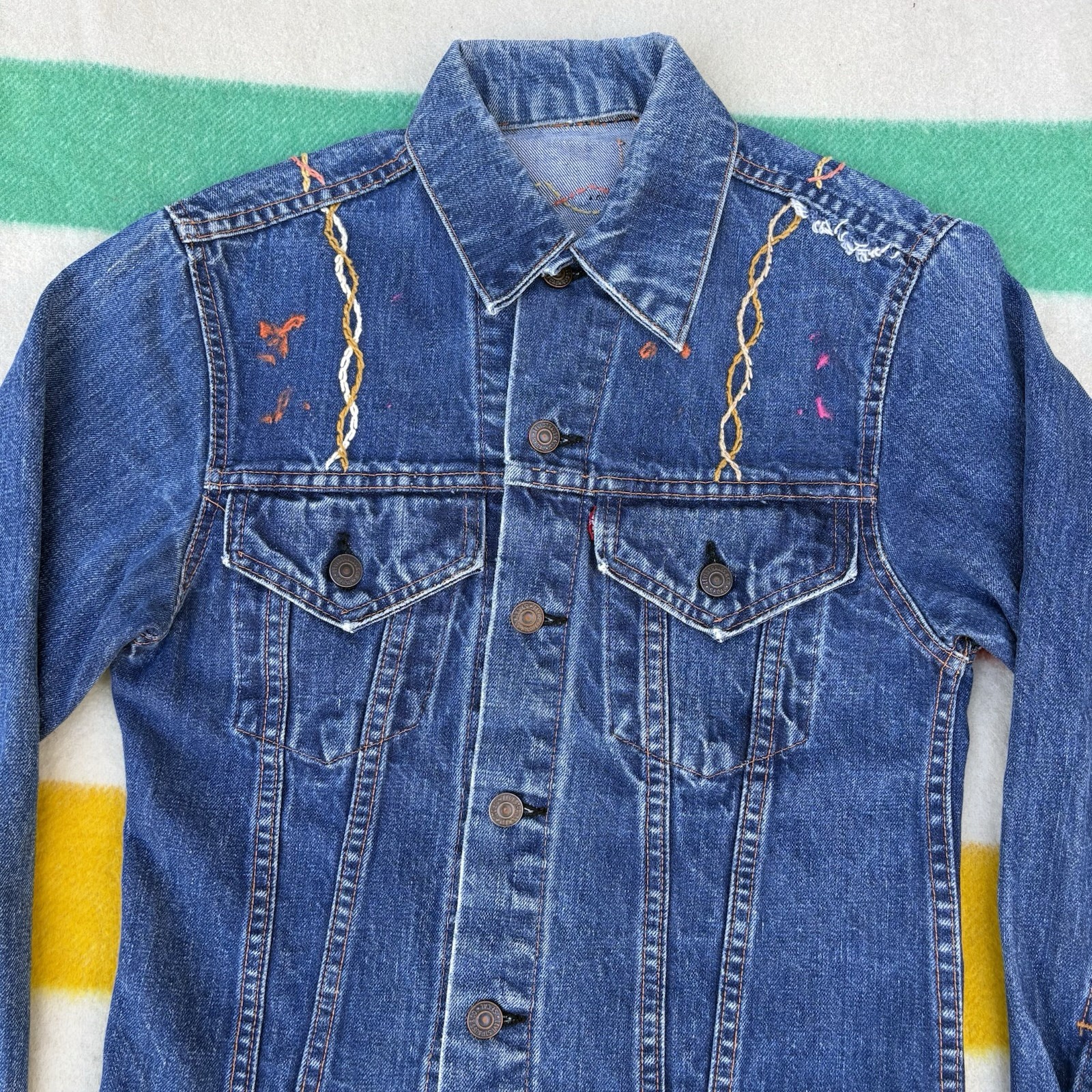 Vintage 1970s Levi’s Big E Denim Trucker Jacket Type 3 Embroidered Hippie Biker