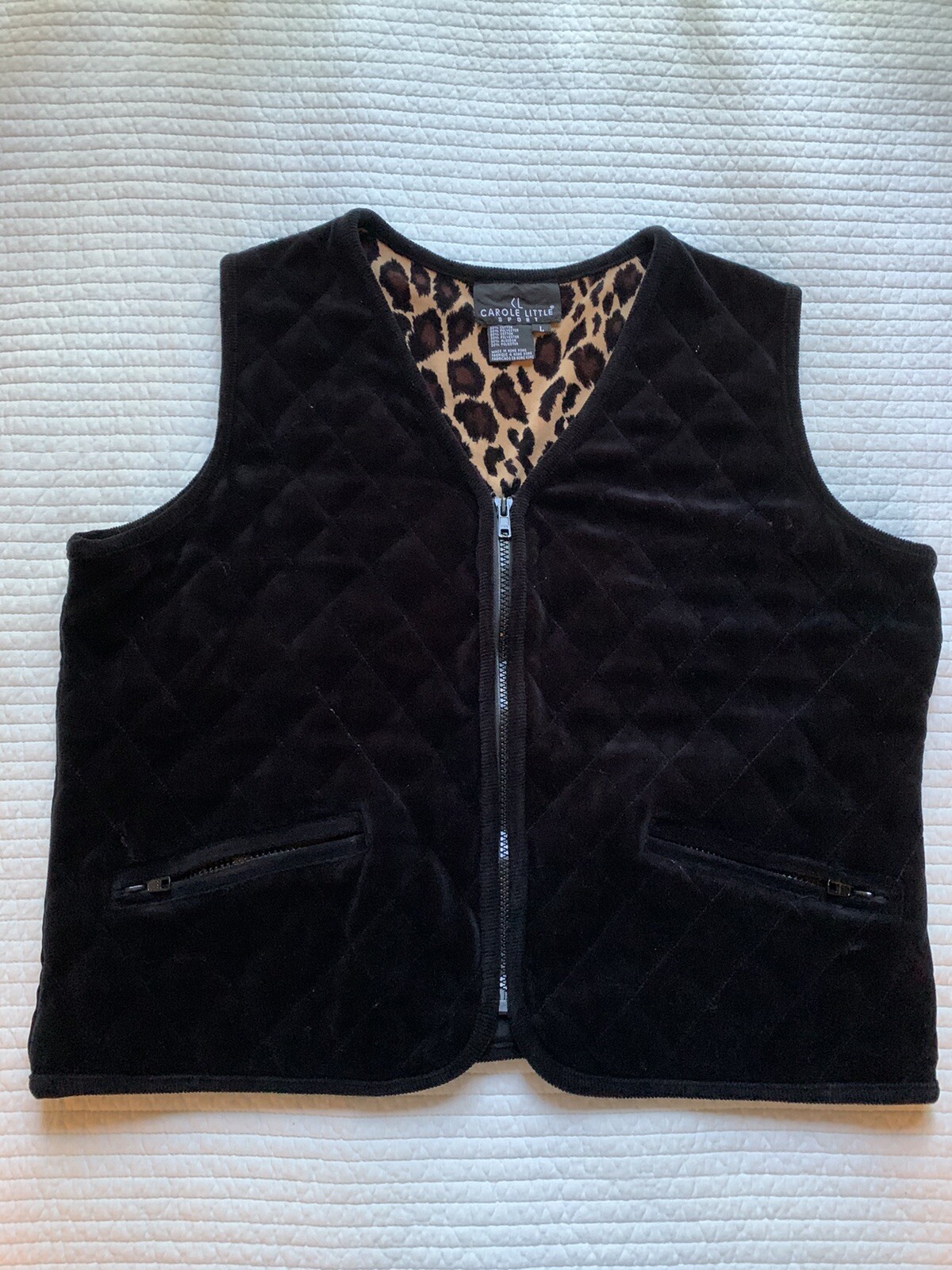 Vtg 'Carole Little Sport’ Sz L Bust 42 Black Quilted Corduroy Vest Zip Pockets