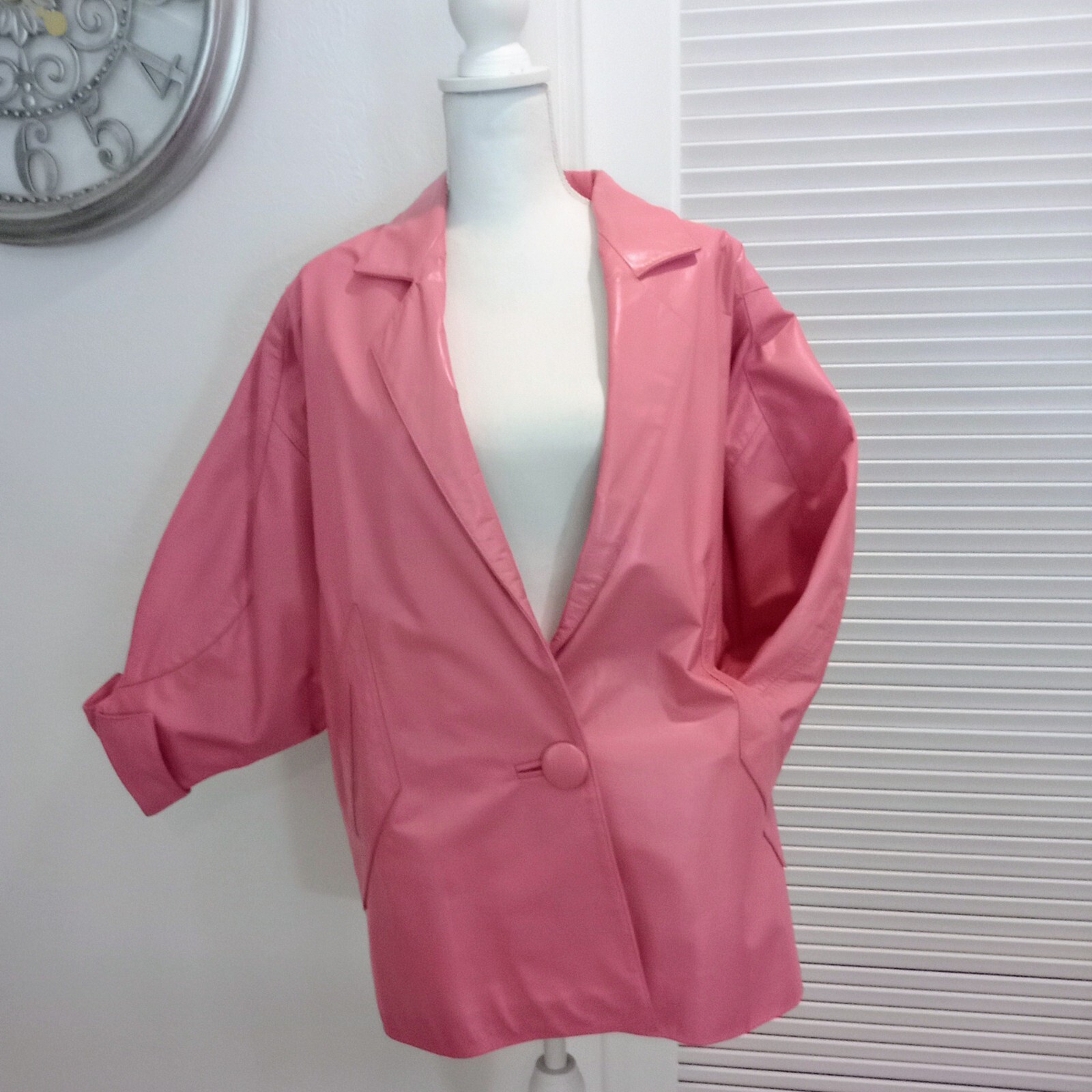 Pink Leather 1980’s Car Coat Length Dolman Sleeves Excellent Condition by Rafael
