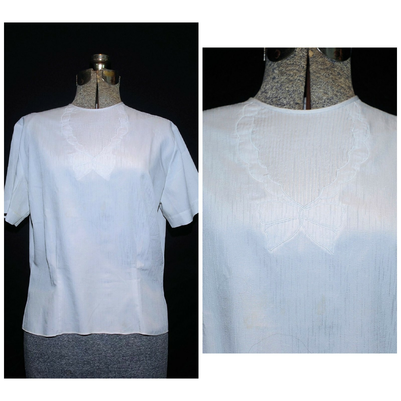 VTG 50’s 60’s Pale Gray Silk Blend Blouse 'Bow’ Pleating Detail at Neckline MED