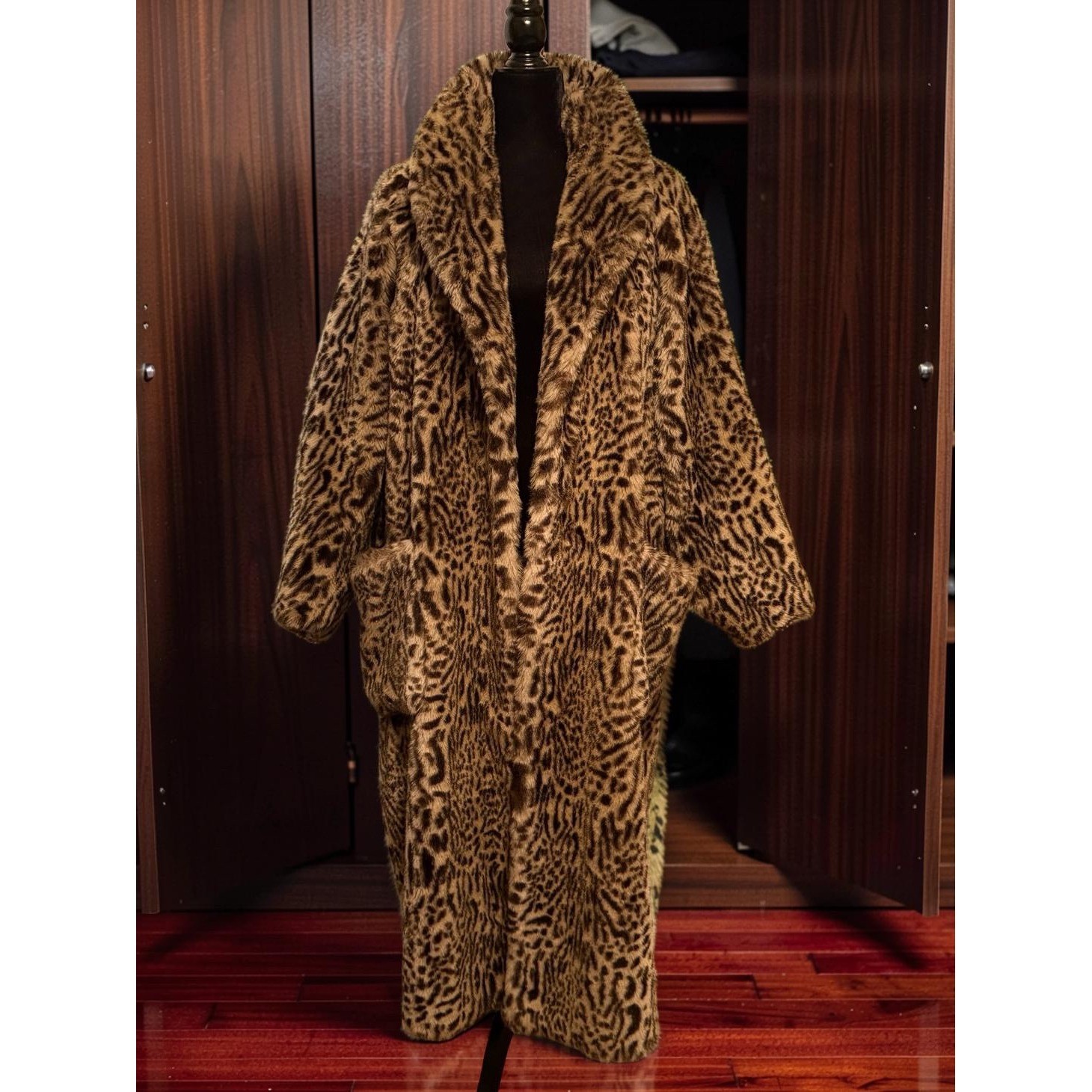 Miss Jackson’s Vintage Leopard Faux Fur Maxi Coat Animal Print Shawl Collar L