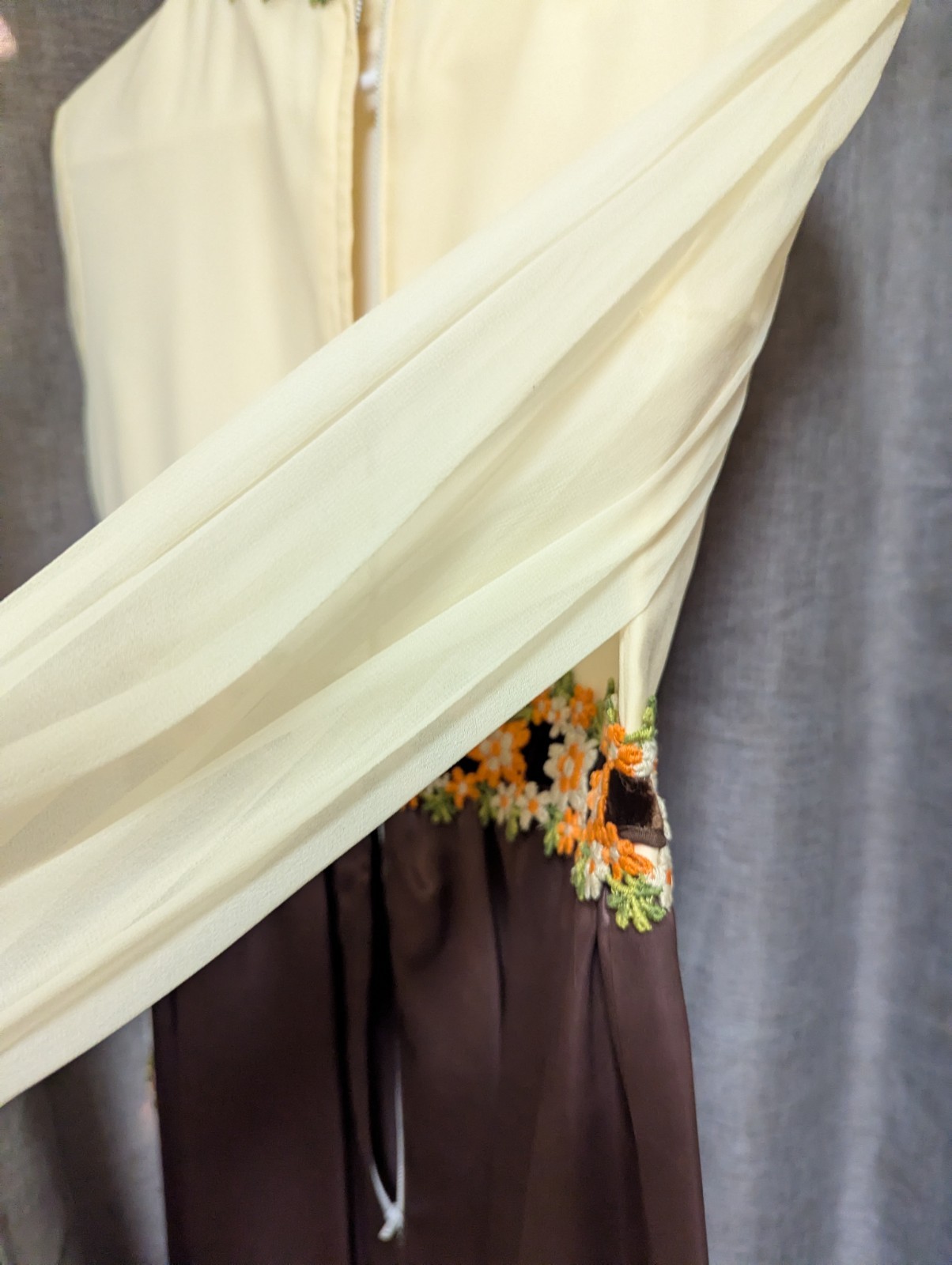 60s 70s Maxi Gown Satin Chiffon Sleeves Brocade Flower Trim