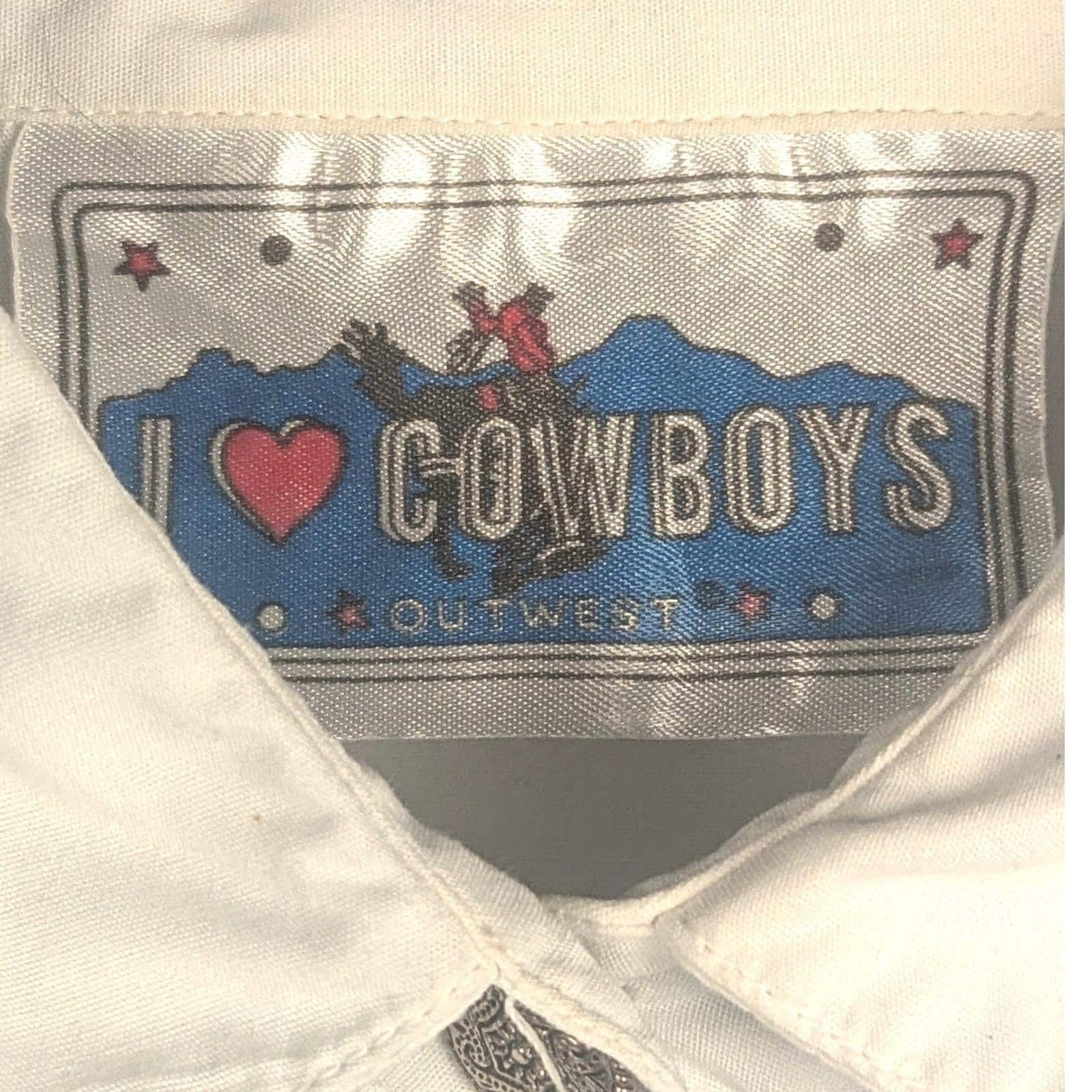 L VTG I Love Cowboys Out West Fringe Western Shirt White Black Red Embroidered