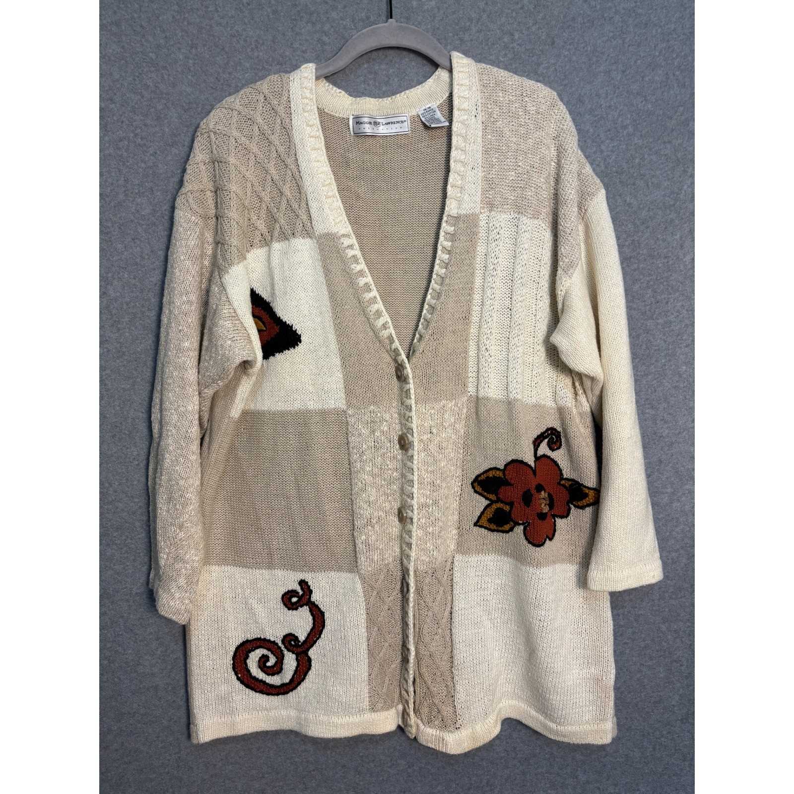 VTG Maggie Lawrence Patchwork Cardigan Sweater 14 16 Ramie Linen Cottage Grandpa