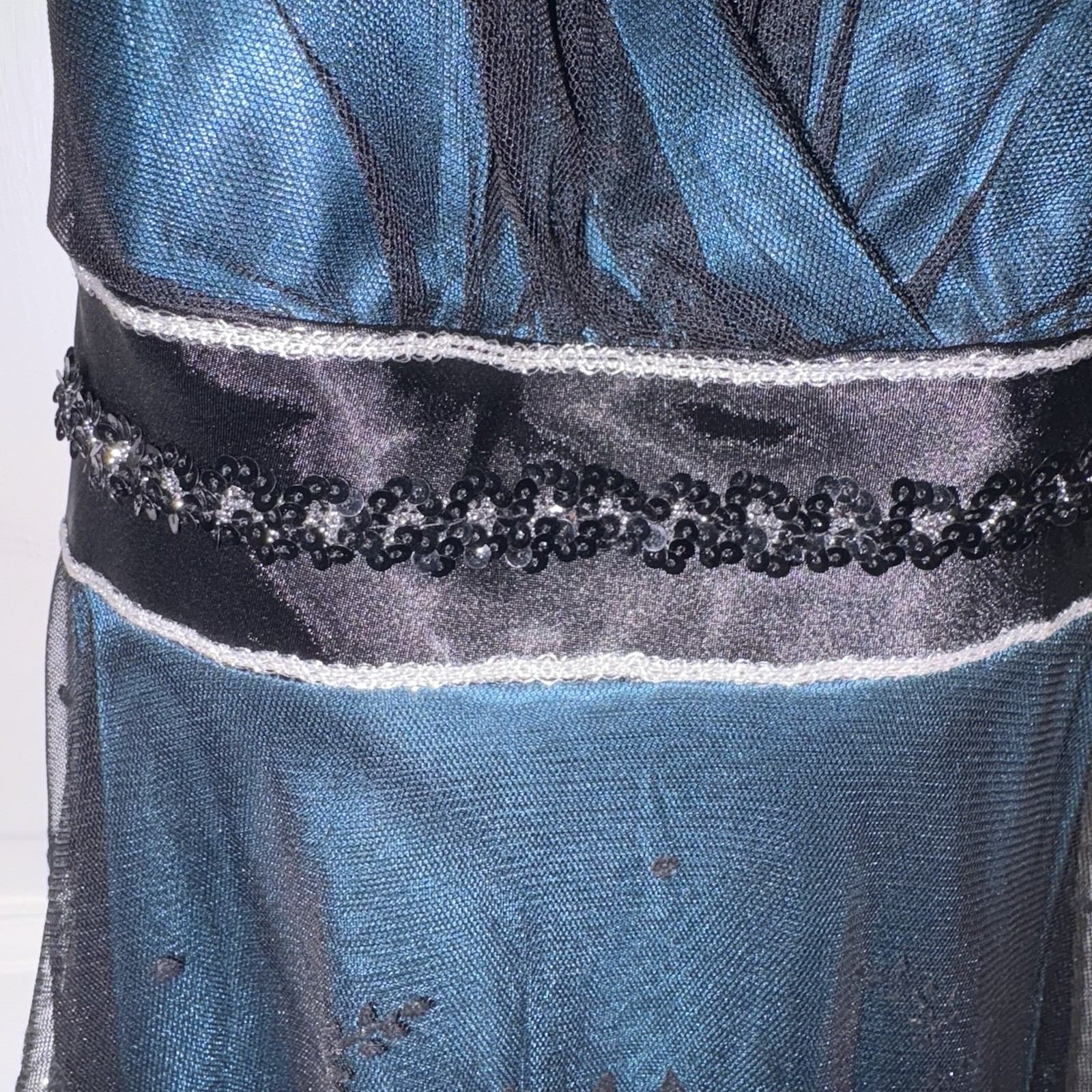 Teeze Me Juniors Halter Party Dress – Teal Blue with Black Overlay, Size Small