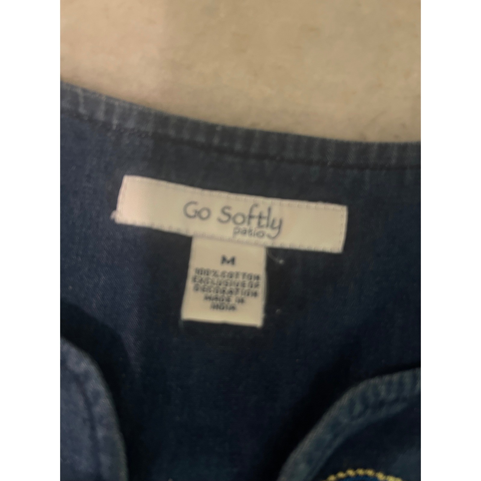 Vintage Go Softly Patio Dress Womens M Blue Denim Embroidered Zip Front