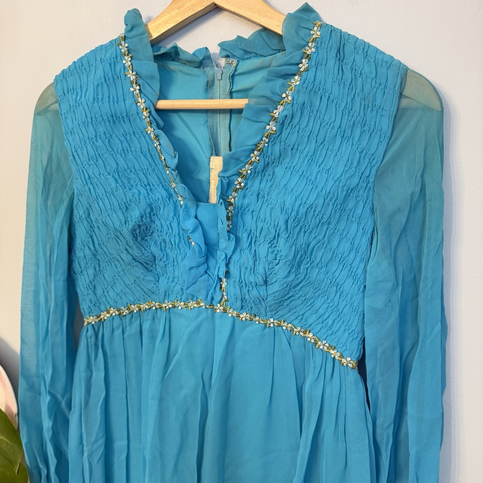 Vintage 70s Teal Chiffon Maxi Dress Size XS Bridesmaid Twiggy Retro MCM 60s Gown