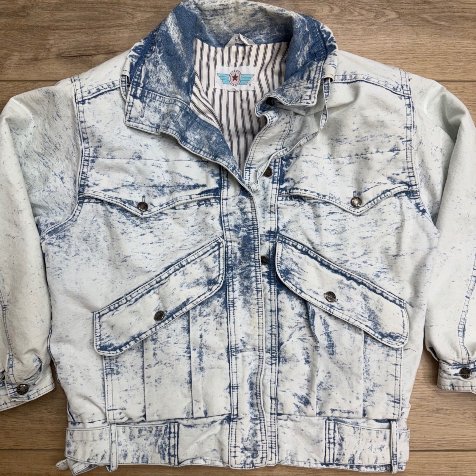 Vintage Izzi Blues Acid Wash Denim Bomber Jacket Distressed Blue Jean Grunge 80s