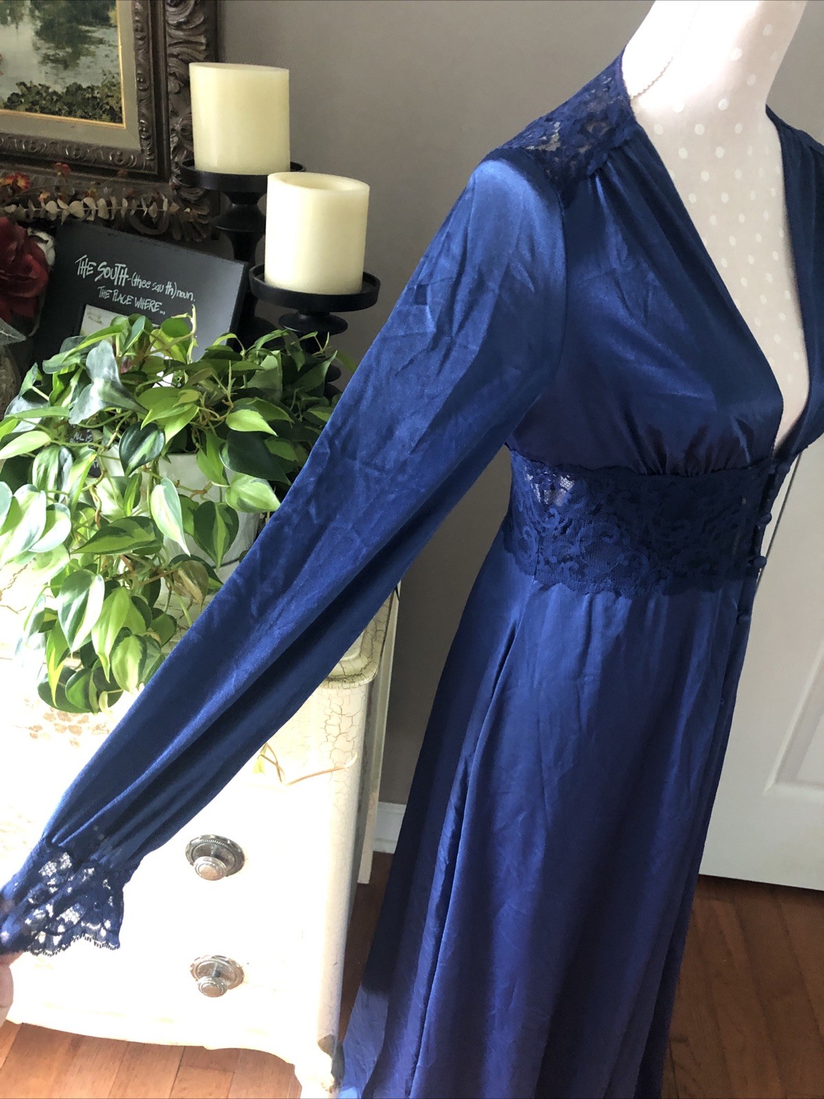Vtg Maidenform Dreamwear Olga Like Peignoir Nightgown Robe Set Navy Blue Women L