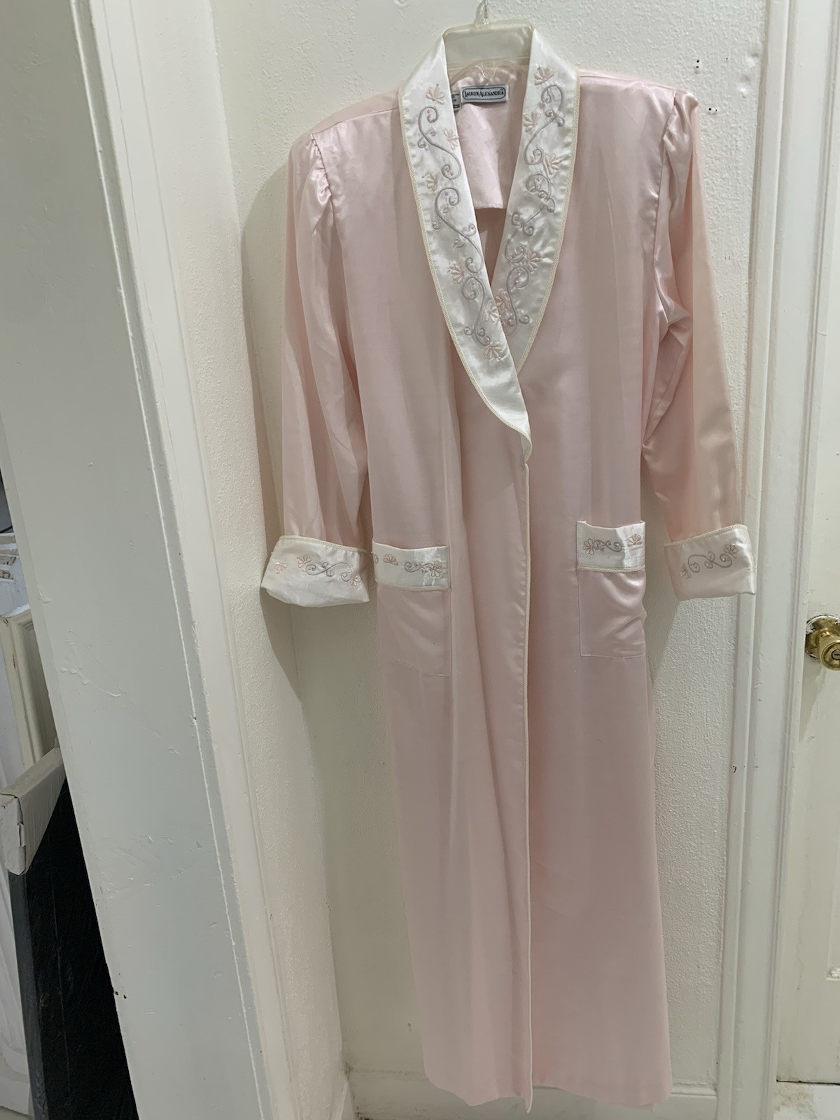 80s Vintage Lauren Alexandra Pink Satan Robe With faux Pearl accents