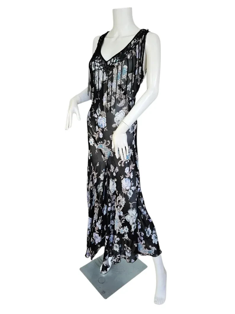 Temptations 1990 Black Rayon Gauze Floral Bias Cut Dress XL Piano Shawl Fringe