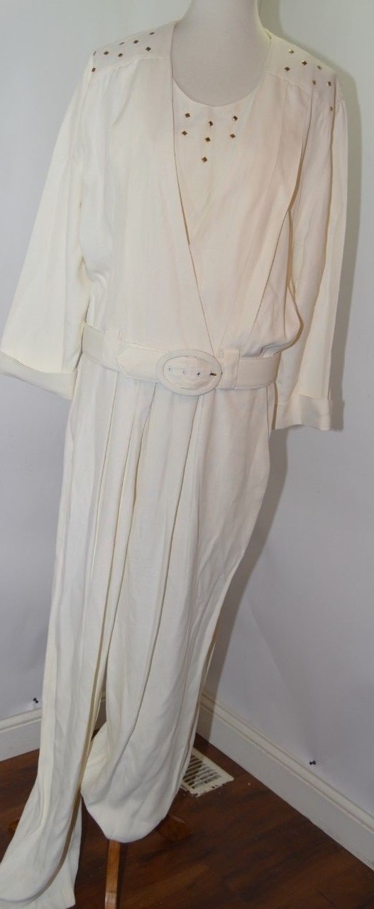 VTG Studio I New York White Jumper Pant Suit Belt Gold Studded SZ 20 T USA Made