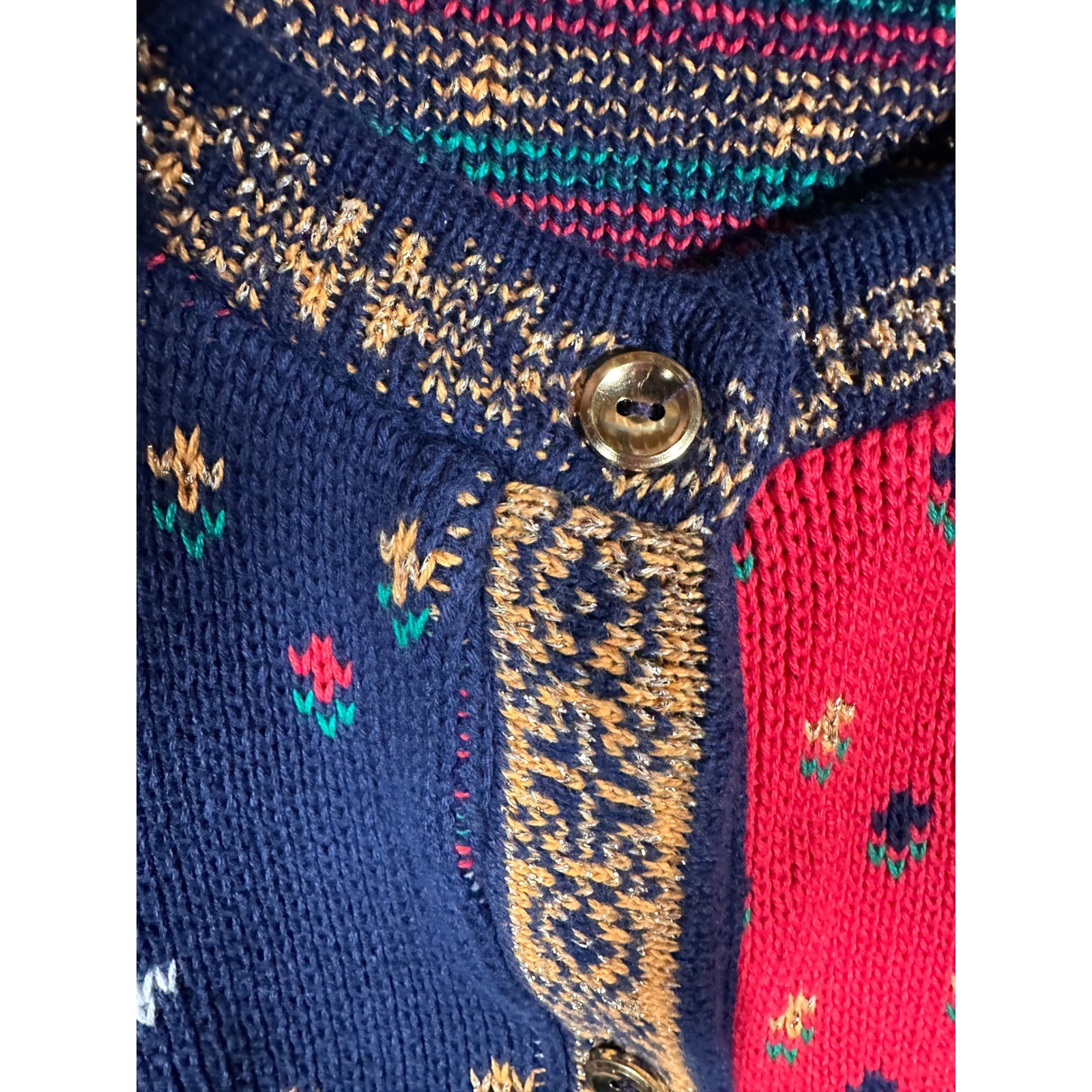 Vtg Sweater Cardigan Womens S Grandma Christmas Cat Knit Cotton Gold Holiday