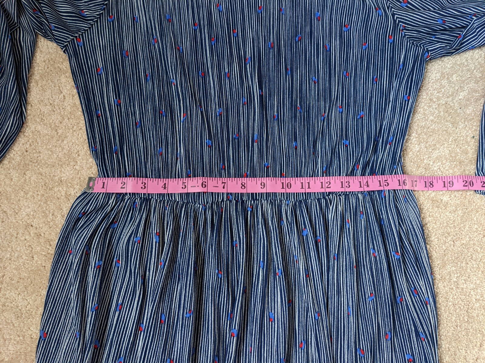Vintage CB New York Women’s 1X Blue White Abstract Pleated Long Sleeve Dress