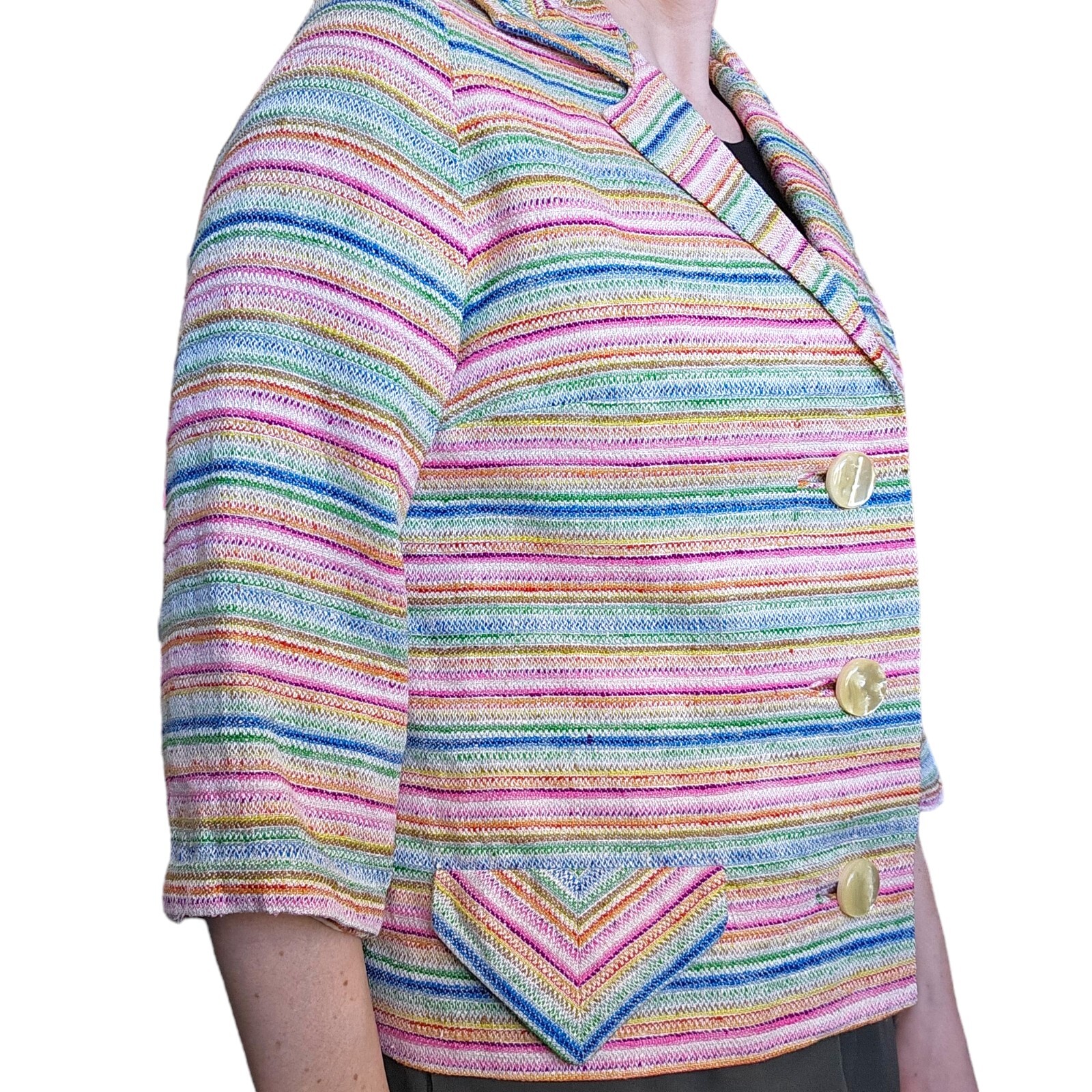 Vintage 60s 70s Rainbow Striped Blazer Jacket Small Big Buttons Colorful Pink
