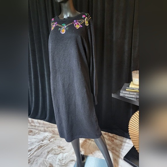 PLAIN JANE VINTAGE JEWELED SWEATER DRESS BLACK LARGE