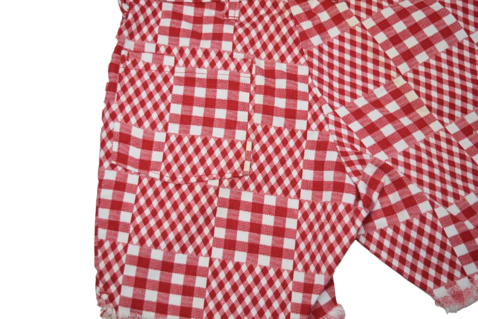 Vintage Plaid Shorts Womens 24 Picnic Patchwork Red Cut Off Fringe Pinup 70s