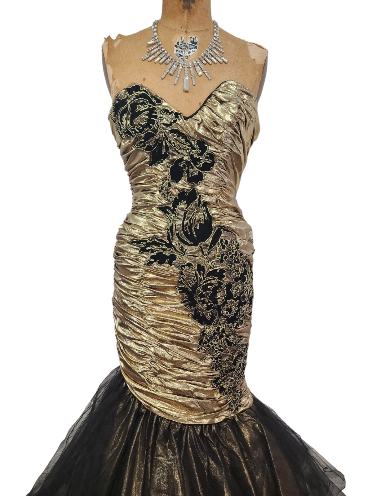 Vtg 80s Prom Dress XS/S Mermaid Gold Lame Metallic Ruched Pageant Gown New