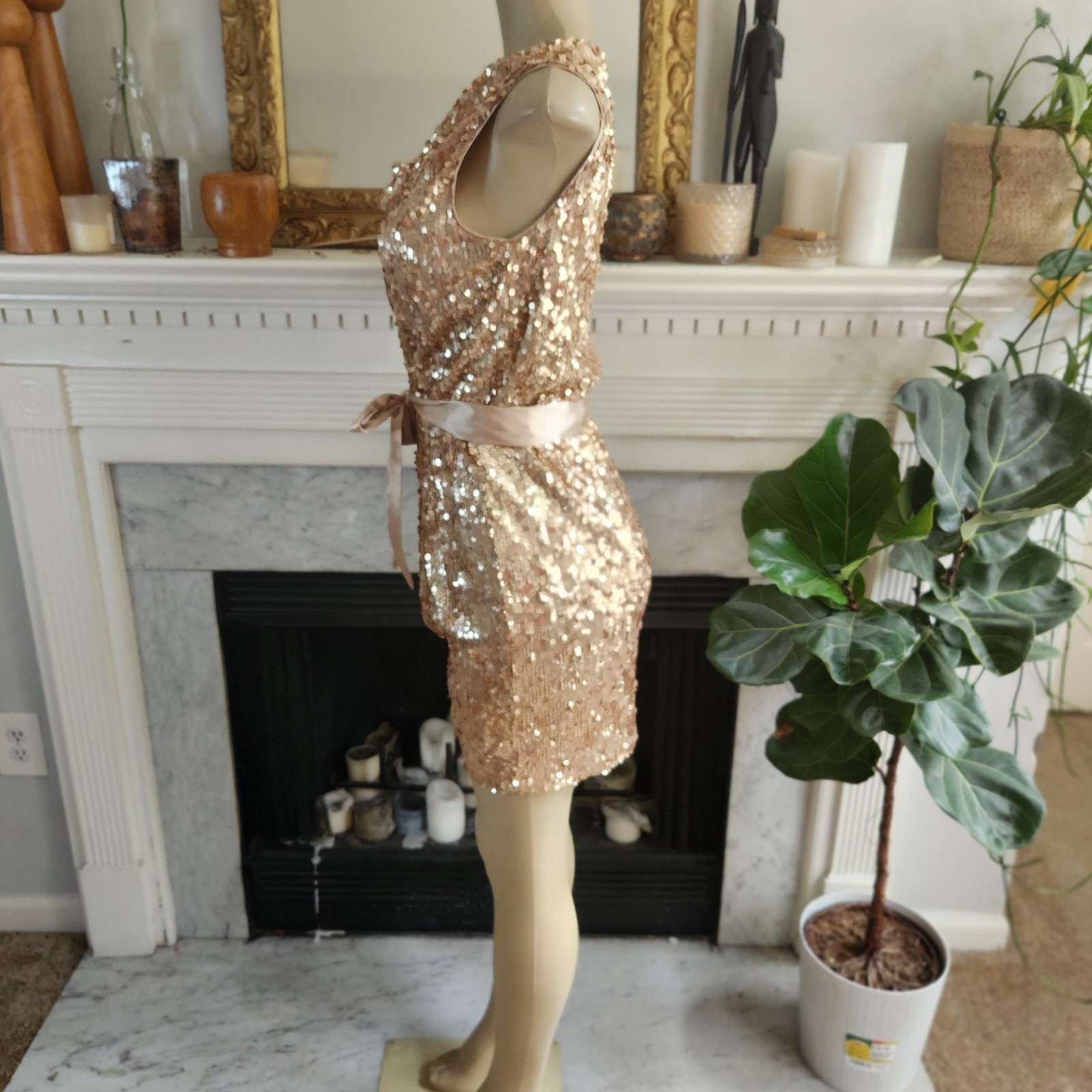 Vintage 90s Cache Gold Sequin Mini Dress Sz 4 Y2K Party Cowl Stretch Party Glam