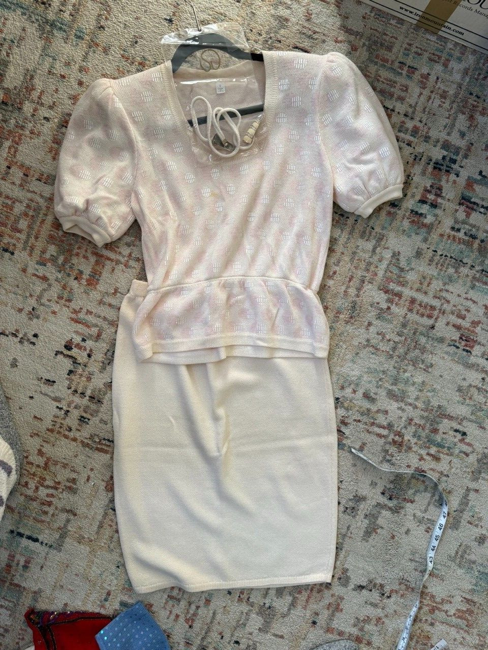 St. John knit set – cream and pink sweater skirt and peplum top set w/ belt