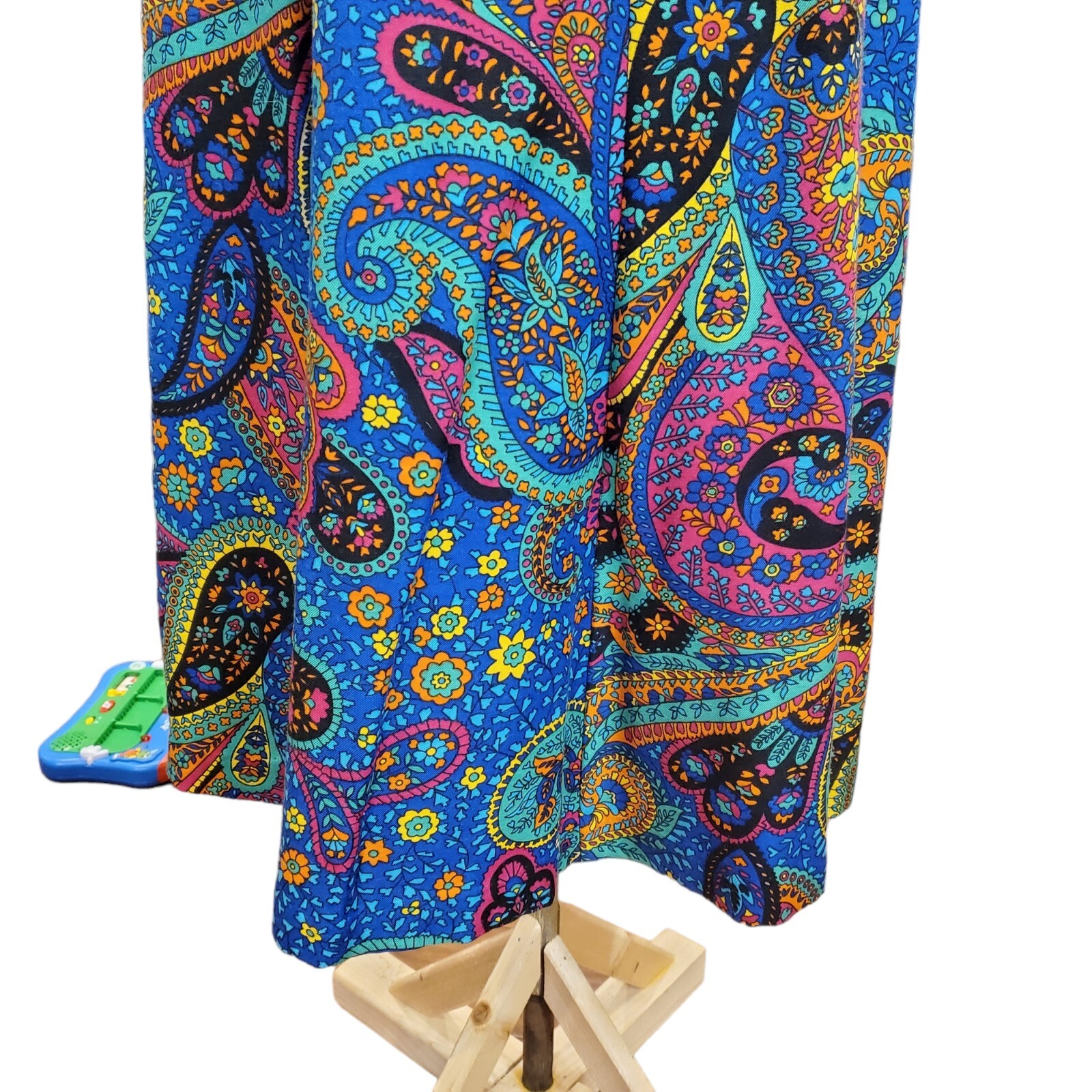 Vintage 70s Colorful Paisley Midi Skirt Set Sz Large Blue Short Sleeve Retro