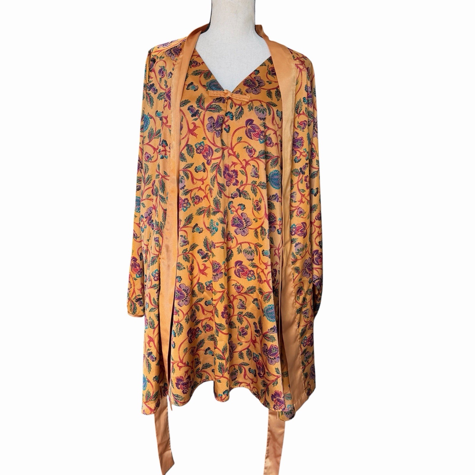 VTG Cacique 2 Pc Peignoir Robe Nightgown Floral Satin Lounge Set Large L