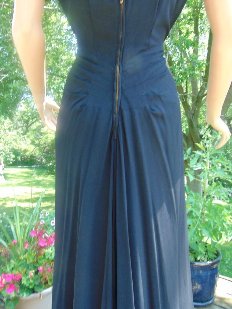 VTG 40s Black Rayon Sequin Cocktail Dress Back Drape 28W