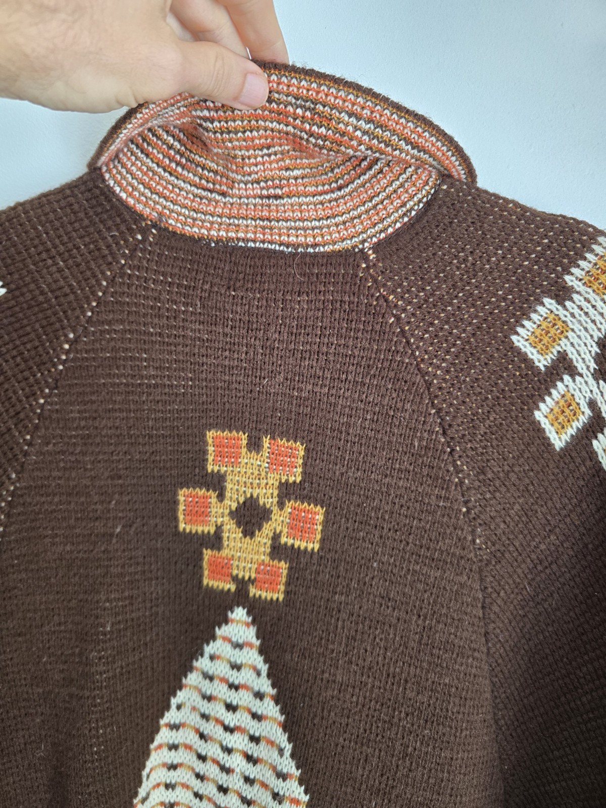 Montgomery Ward Vintage Knit Cape Brown Orange White Yellow Geometric Acrylic